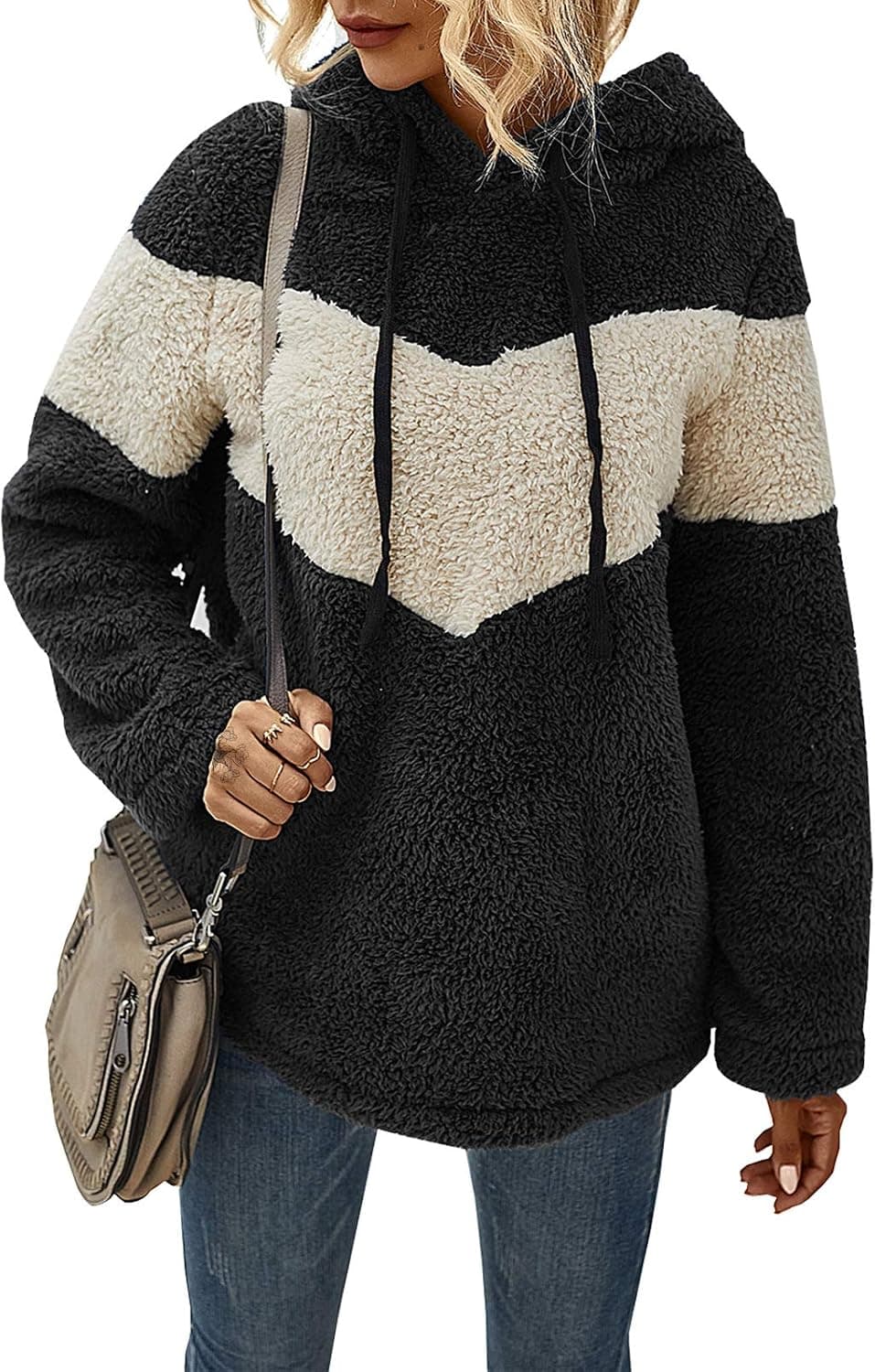EXLURA Women's Plaid Long Sleeve Zipper Sherpa Fluffy Fleece Sweatshirt Pullover Jacket Coat with Pockets