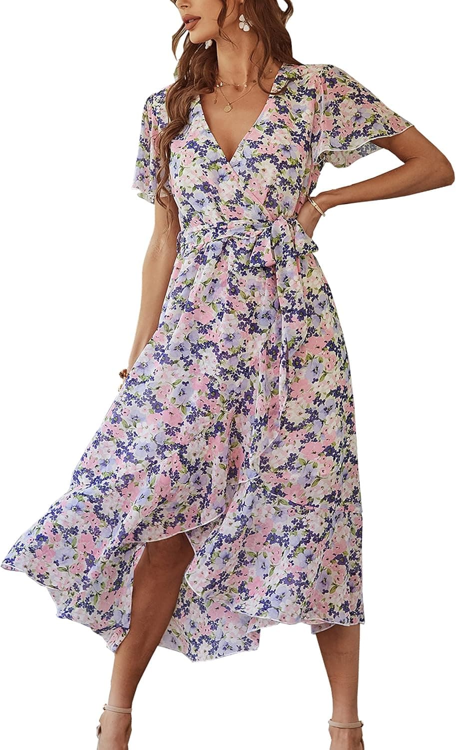Angashion Women Dresses Casual Short Sleeves Floral Print Button Down V Neck Summer Boho Midi Dress