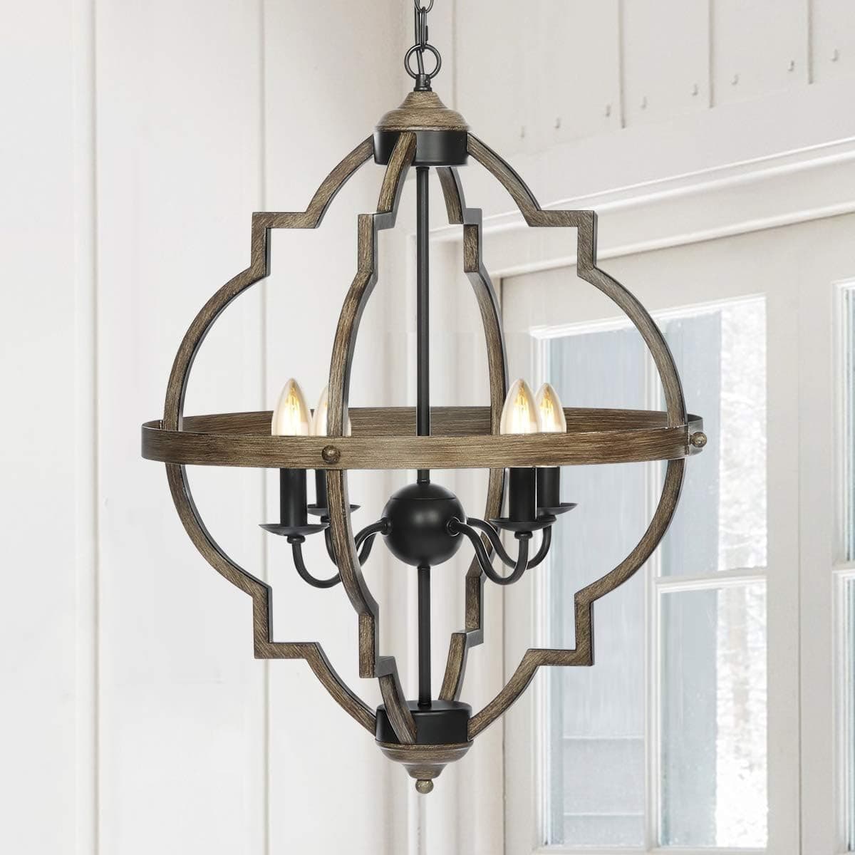 4 Light Farmhouse Orb Chandelier Rustic Chandeliers for Dining Room with Adjustable Hanging Chain 27.5” Oil Rubbed Bronze Finish Wood Texture Hanging Light Fixtures for Foyer Dining Kitchen Hallway