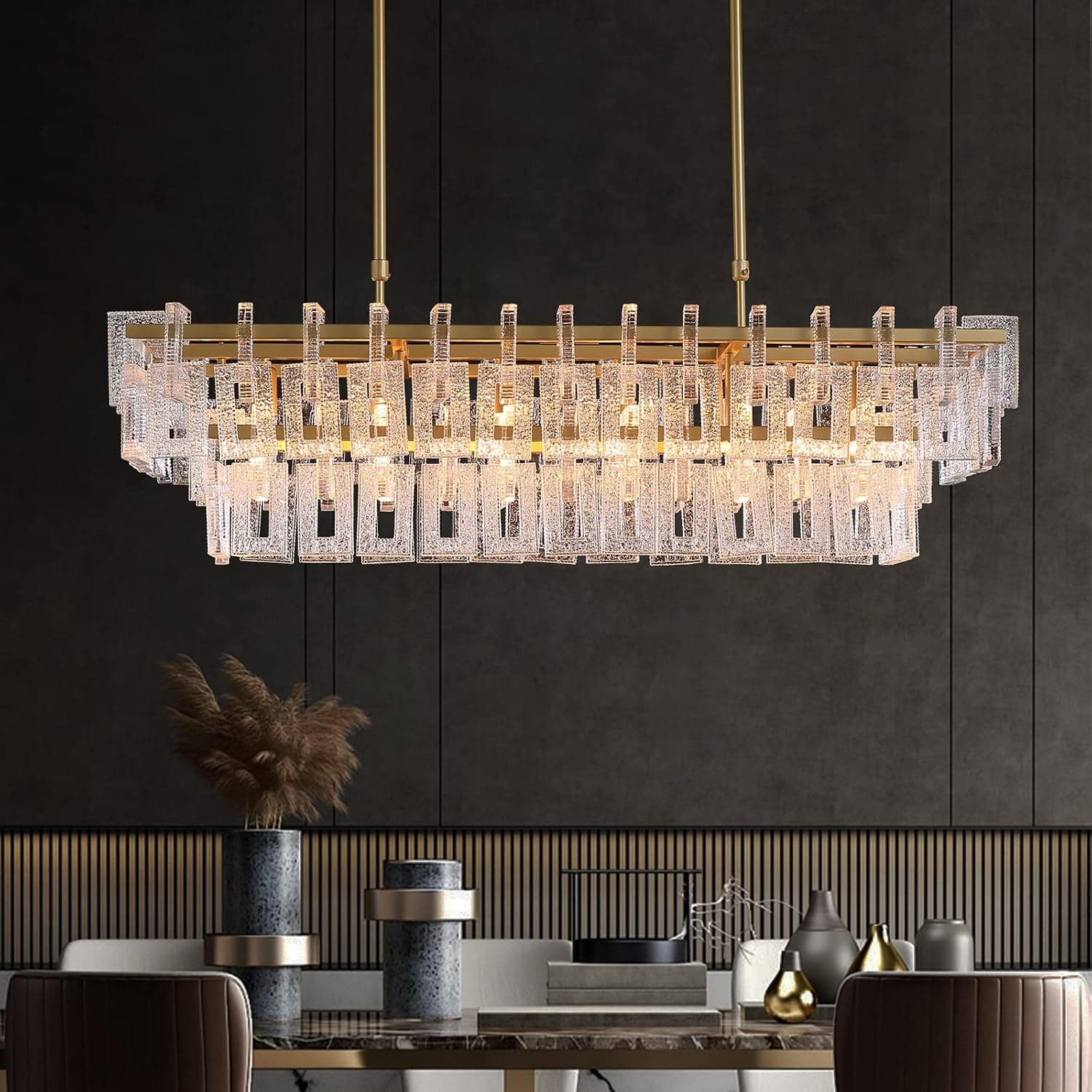 APBEAMLighting Gold Rectangular Crystal Chandelier Lighting Luxury Rectangle 2-Tiers Pendant Light Fixture for Dinging Room Kitchen Island 6 Lights- L40