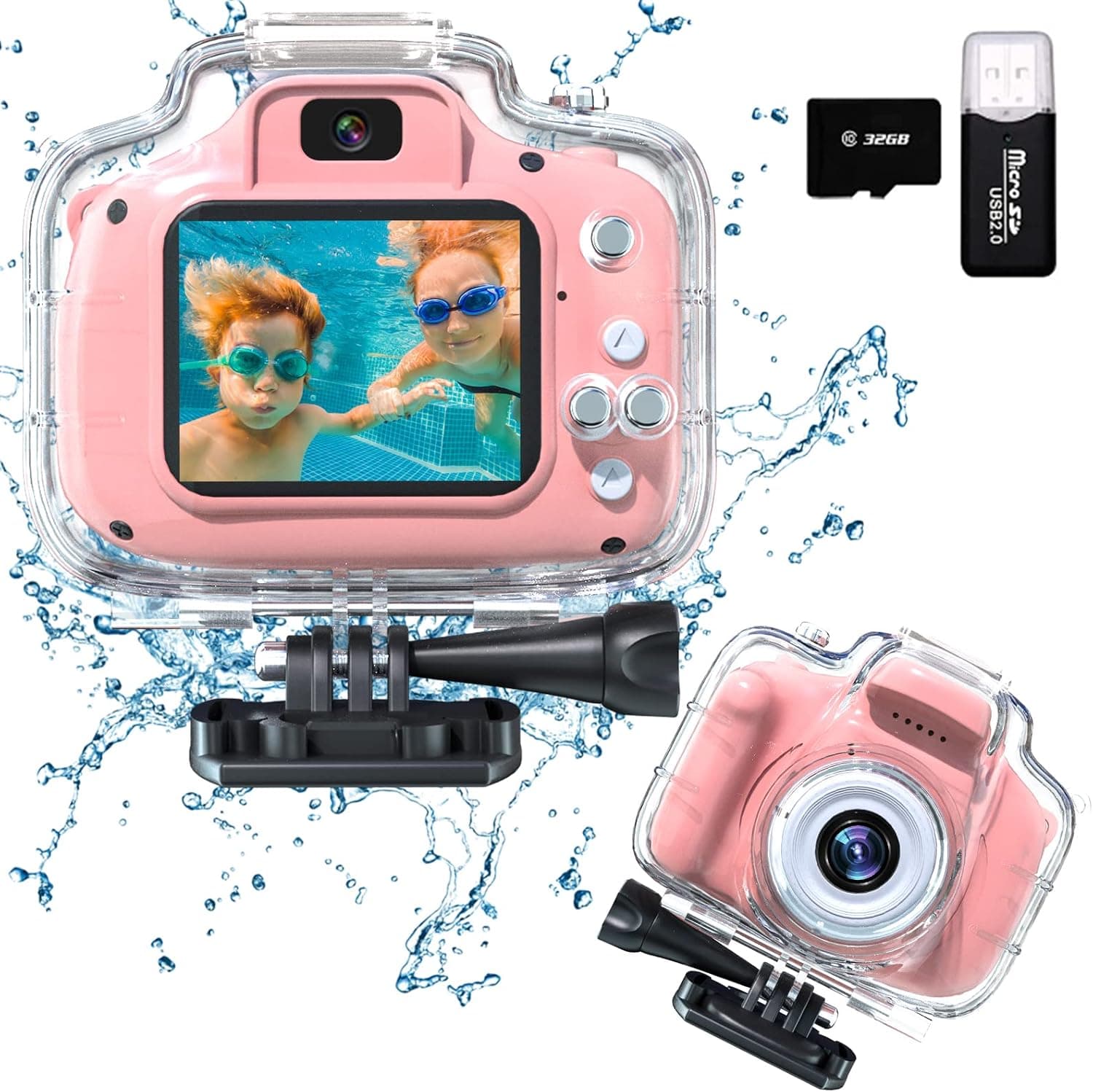 Kids Waterproof Underwater Camera Toys for 3-12 Year Old Boys Girls Birthday Gifts Children HD Digital Action Camera 2 Inch IPS Screen with 32GB Card (Pink)