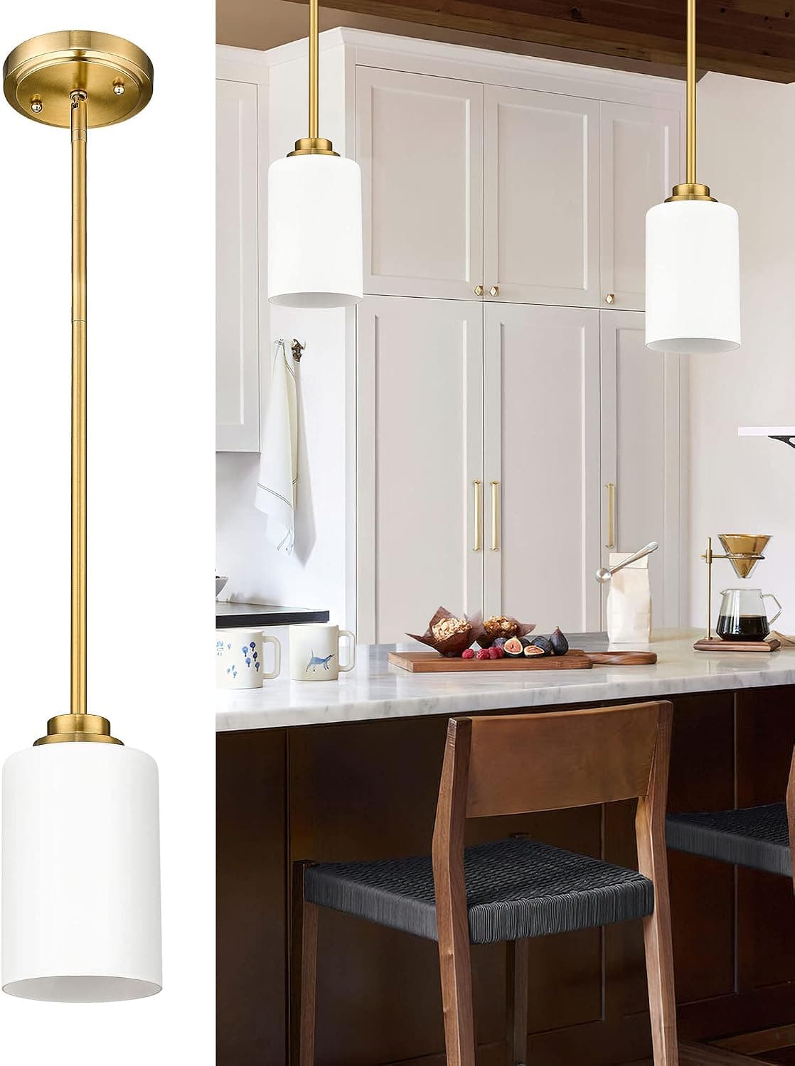 Audickic Farmhouse Gold Pendant Light Fixtures, Pendant Lights Kitchen Island with Milk Glass Shade, Farmhouse Hanging Pendant Light for Dining Room Entryway, AD-22281-1P-GD-W