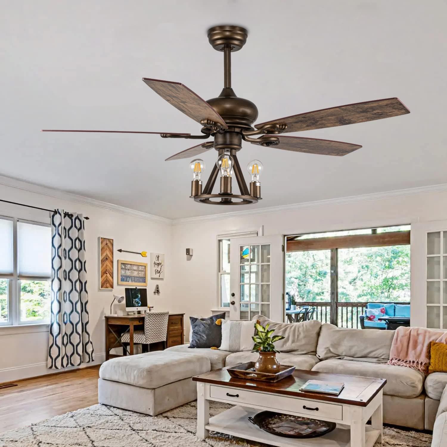 Whmetal cover Farmhouse Ceiling Fan with Light and 5 Reversible Wooden Blades, Indoor Rustic Ceiling Fans with Remote Control, 52" Brown Industrial Ceiling Fans & Lighting for Kitchen/Bedroom