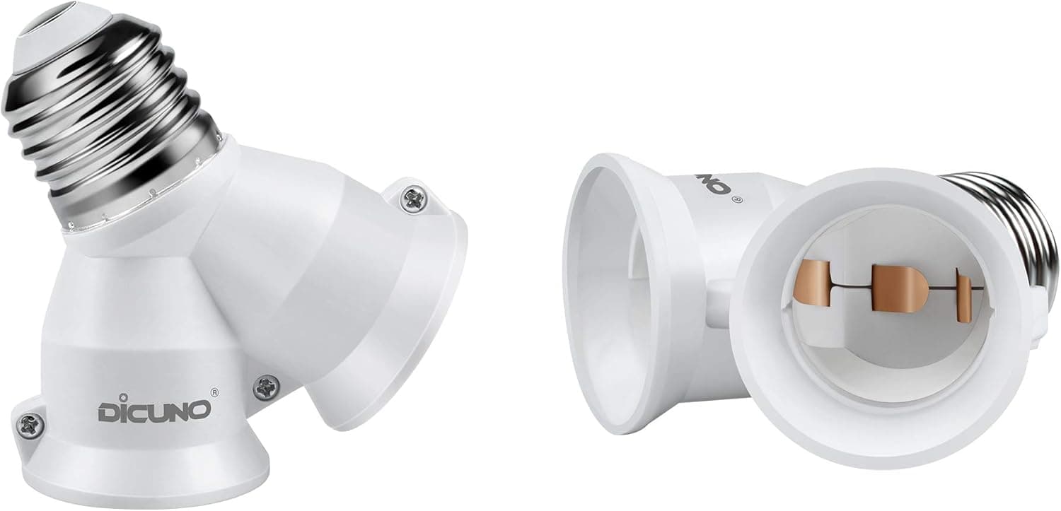 DiCUNO 2 in 1 E26 Socket Splitter Adapter, 2 E26 Standard Medium Base Bulbs in 1 Socket Y-Shape Lamp Holder Converter, Maximum 200W and 165℃ Heat Resistant Light Bulb Splitter 2PACKS