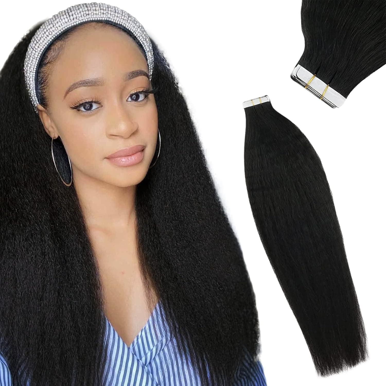 Kinky Tape in Hair Extensions Black Human Hair Tape in Kinky Straight Tape in Remy Hair Extensions Seamless Natural Black Human Hair Tape in Extensions Soft 20inch 50g 20 Pieces