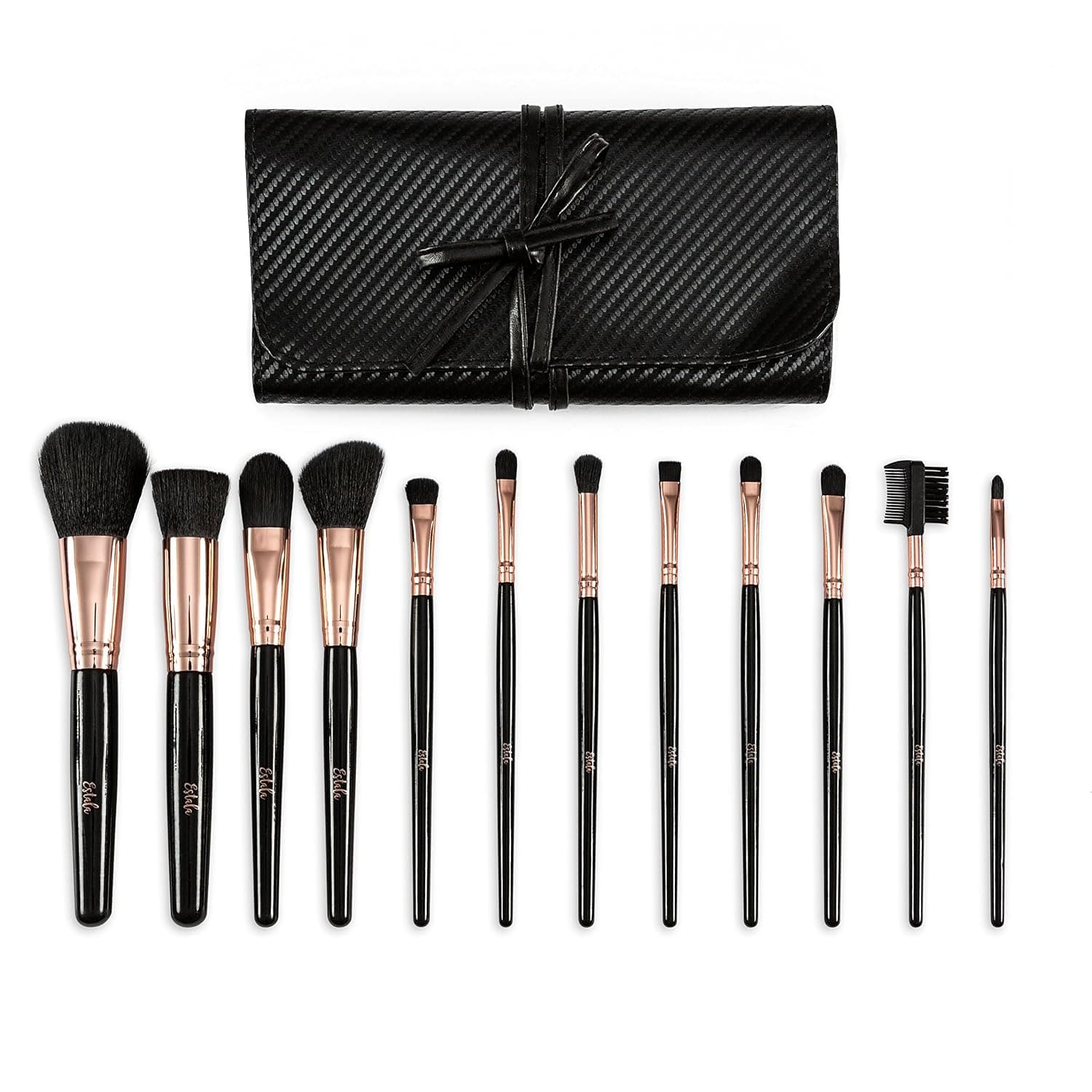 Makeup Brushes Face & Eyeshadow Brush Set + Faux Leather Makeup Bag – 12pc Professional Makeup Brush Set – Eye Shadow, Contour, Foundation & Concealer – Vegan & Cruelty-Free (Black) by Estala