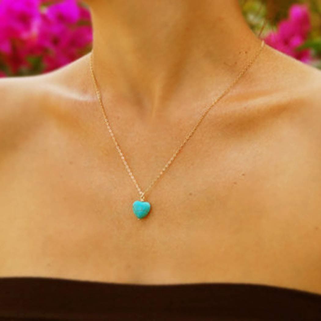 TseanYi Boho Turquoise Pendant Necklace Gold Tiny Heart Love Chain Necklaces Turquoise Long Drop Necklace Chain Jewelry for Women and Girls (Gold)