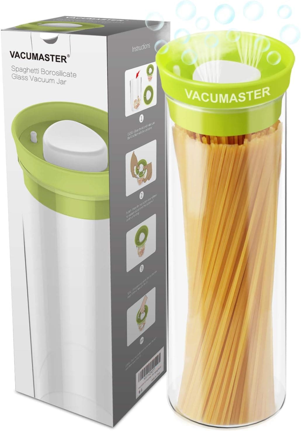 Tall Pasta Glass Container with Vacuum Seal Airtight Lid - Vacumaster Long Food Storage Container For Spaghetti Linguine Capellini Noodle BPA-Free Pasta Keeper (40 oz)