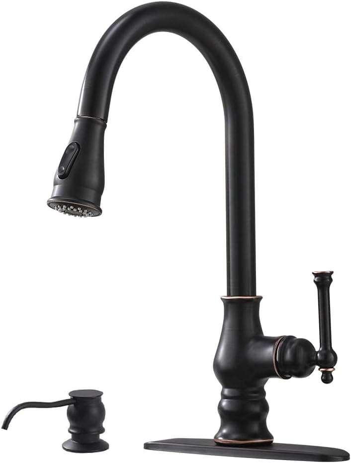 Bokaiya Kitchen Faucet and Soap Dispenser Combo Single Handle Pull Down Sprayer Oil Rubbed Bronze Kitchen Faucet, Pull Out Kitchen Sink Faucet
