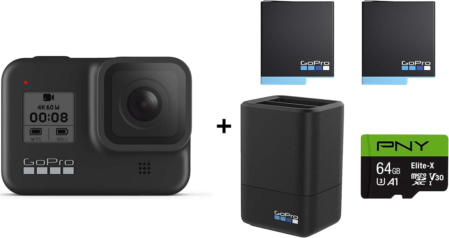 GoPro HERO8 Black Action Camera w Dual Lithium-Ion Battery Charger with 2 Total Batteries + 64GB Memory Card