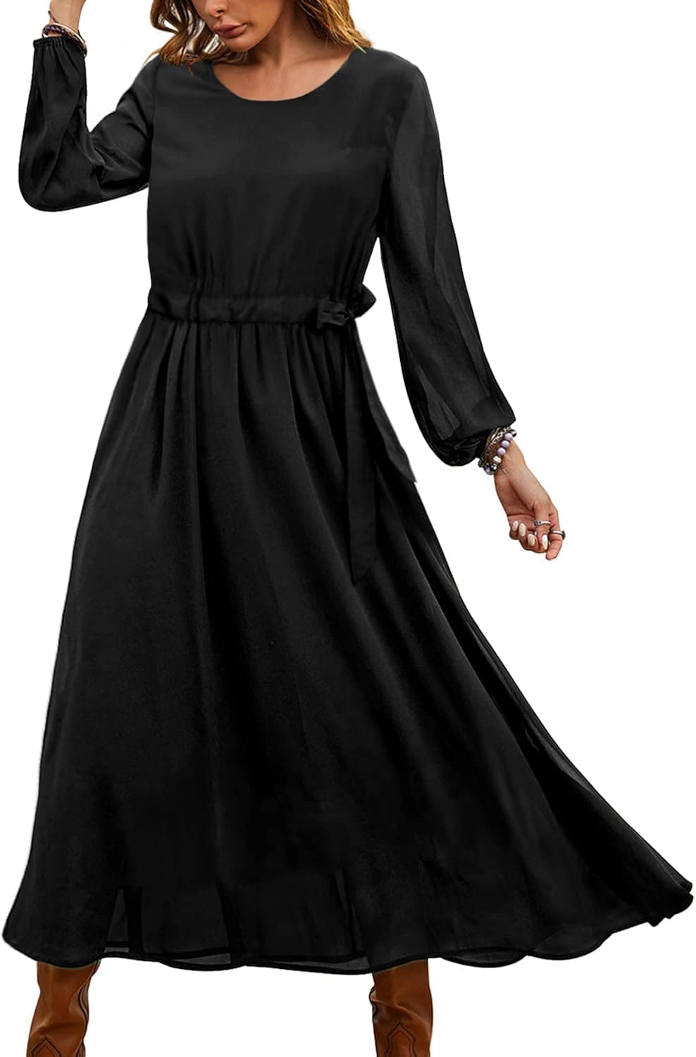 YESNO Long Sleeve Dress for Women Casual Boho Floral Drawstring Waist Maxi Dress with Pockets ED6