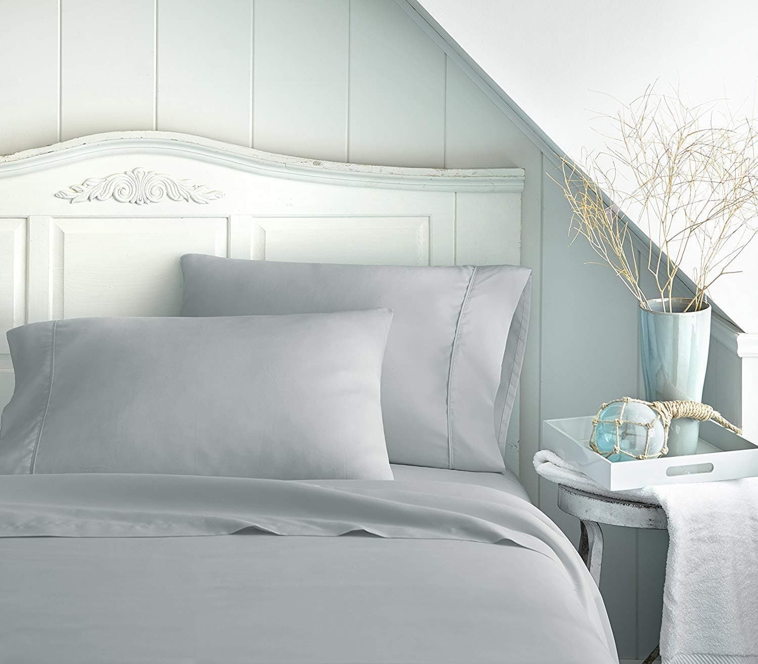Adjustable Bed Base- Split Head Flex Sheet Set 4Pcs-100% Cotton Sheets,deep Pocket Upto 15-18 inches 400-Thread-Count - 34" Split from Top Light Grey Solid (King-34 Split)