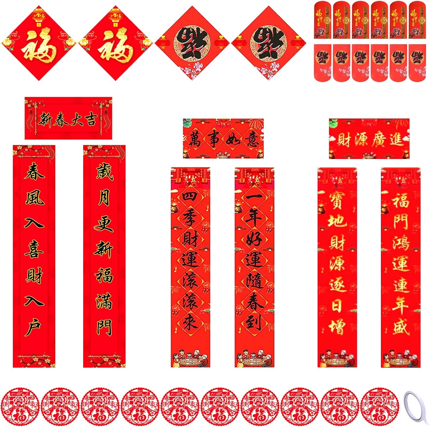 Chinese New Year Decorations 2023 Spring Festival Couplets Red Paper Chinese Fu Stickers Window Decorations,Lunar New Year Decor (8.2*46.4 Inch)