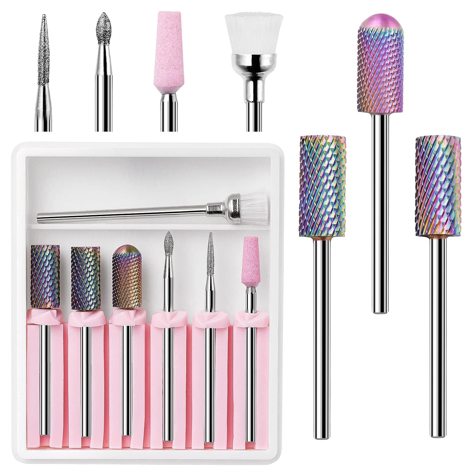 Makartt Nail Drill Bits, 7Pcs Tungsten Carbide Diamond Ceramic Nail Drill Bit Set For Acrylic Nails 3/32 Drill Bits For Nail Drill Remover Gel Polish Poly Nail Gel Nails Cuticles