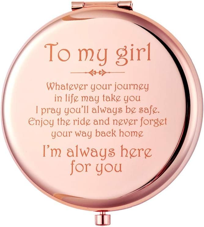 Daughter Gifts from Mom Dad for Rose Gold Compact Mirror,Portable Makeup Mirror,Engraved Compact Mirror，2.6 inch Round Folding Mirror Handheld 2-Sided Mirror, 1x/2x Magnification Compact Mirror.