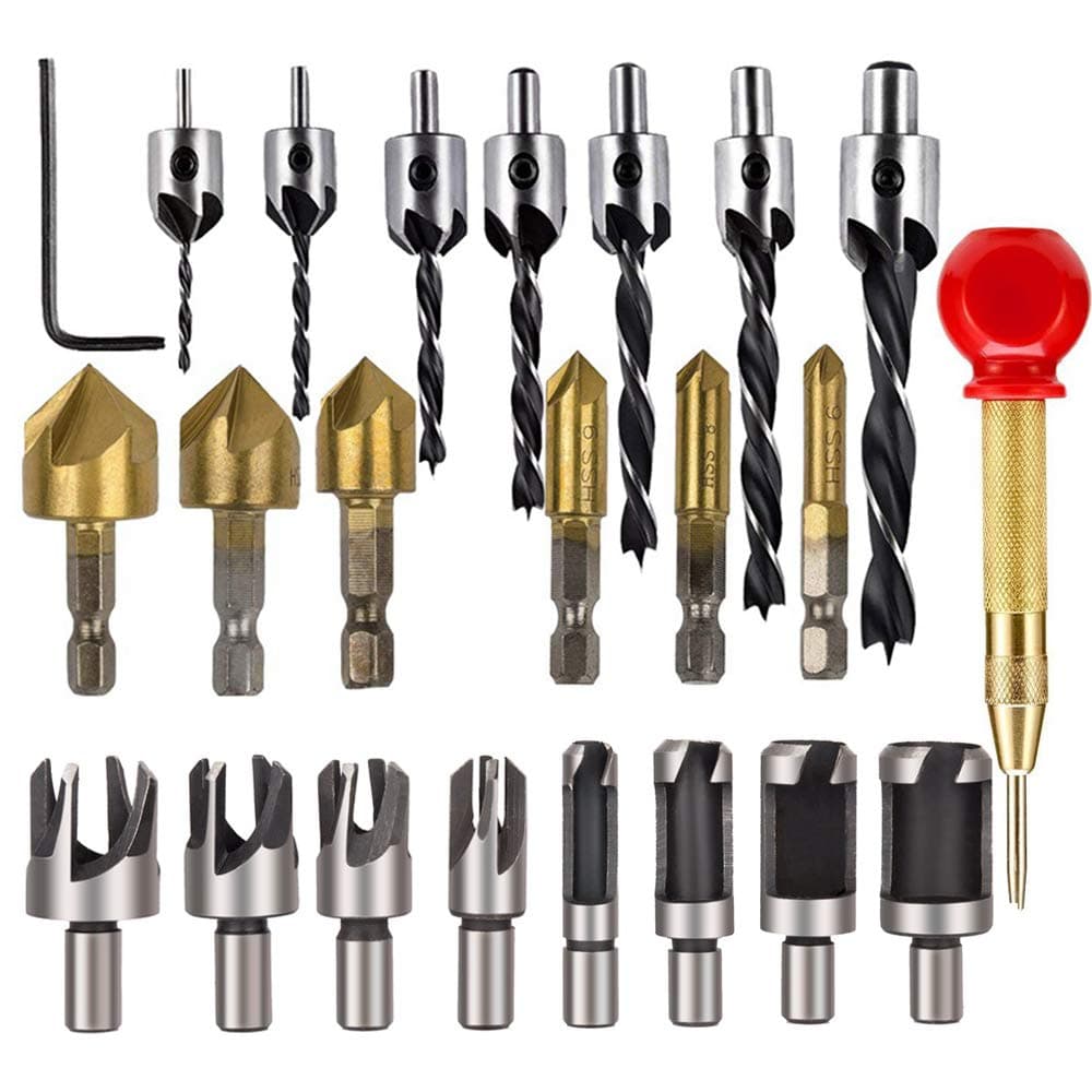 YEEZUGO 23-Pack Woodworking Chamfer Countersink Drill Bit, 6pcs 1/4" Hex 5 Flute 90 Degree Countersink Drill Bits, 7pcs Three Pointed Countersink Drill Bit, 8PCS Wood Plug Cutter, and Automatic