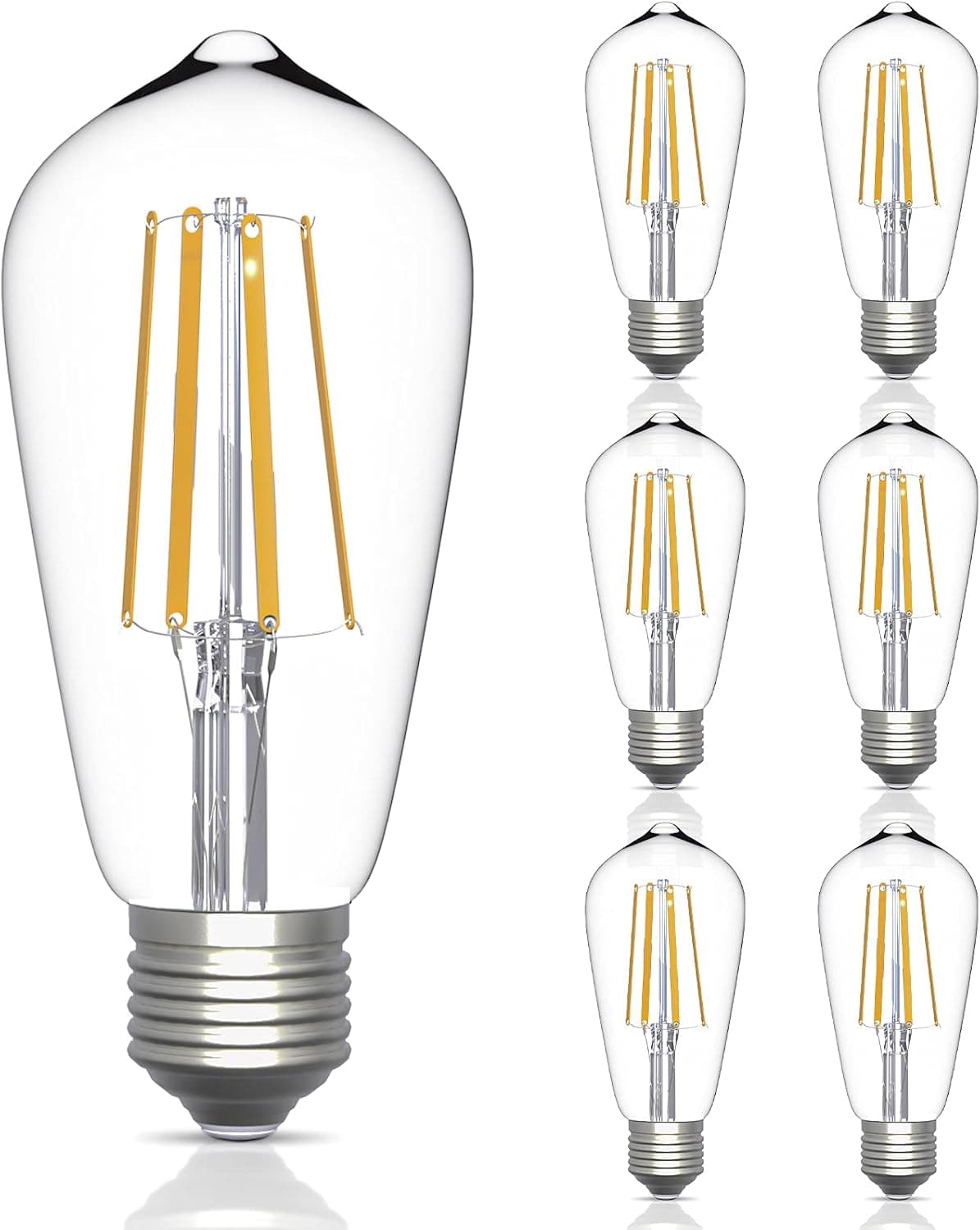 HFCDL Edison Led Light Bulbs Vintage E26 Medium Base Lamp, 6W（60W Incandescent Light Equivalent, 600 Lumen, 2700K Warm White, Dimmable Antique ST64 Filament Light Bulb Set for Home Décor, 6-Pack