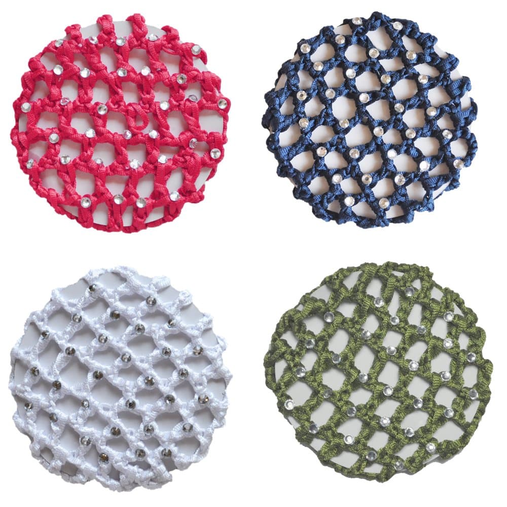 Crochet Bun Cover Snood Hair Net With 30 Rhinestones 4 Pcs Color Pack (Red-Blu-Wht-Grn)