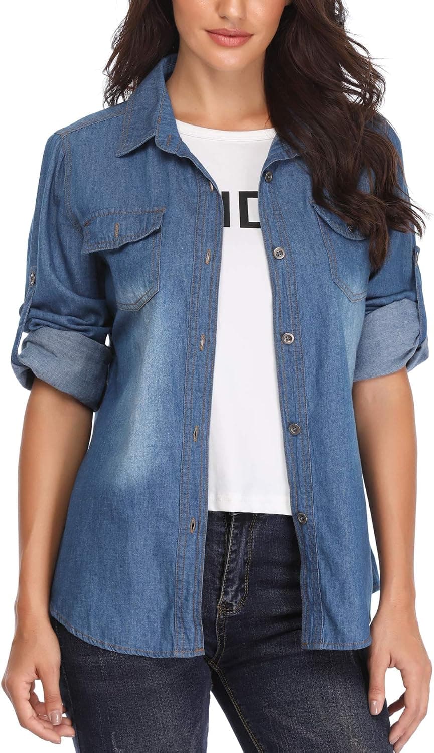 MISS MOLY Women's Long Sleeves Cotton Washed Denim Shirt Slim Blouse Top with Western Pockets (Medium/US-10, Deep Blue)