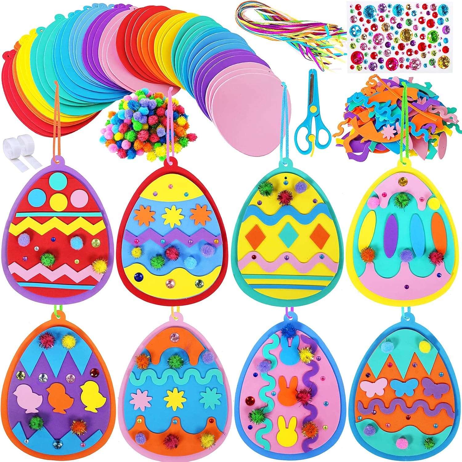 24 Sets Easter Egg Ornaments Decorations DIY Easter Craft Kits Assorted Easter Eggs Bunny Chick Foam Stickers Pom-poms for Kids Party Favors Easter Spring Classroom Home Activity Art Project