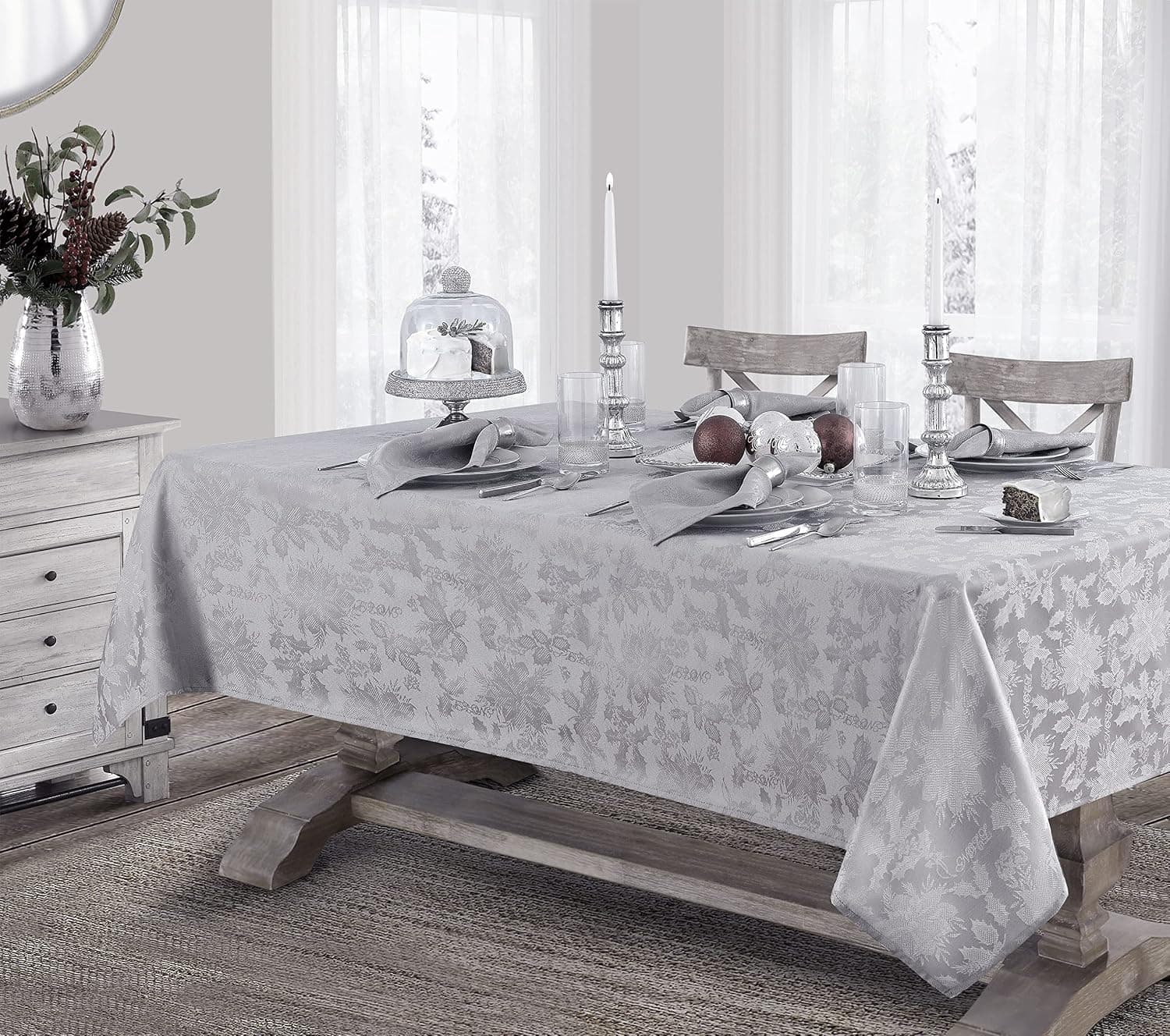 Newbridge “Christmas Carol” Holiday Noel Damask Tablecloth, Holly Leaf and Poinsettia Weave Damask Soil Resistant, Wrinkle Free Easy Care Tablecloth, 60” x 120” Oblong/Rectangle, Grey