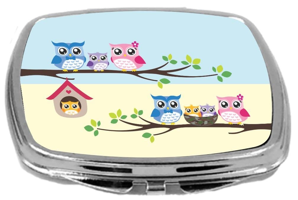 Rikki Knight Compact Mirror, Owl Bird Family Illustration on Tree, 3 Ounce