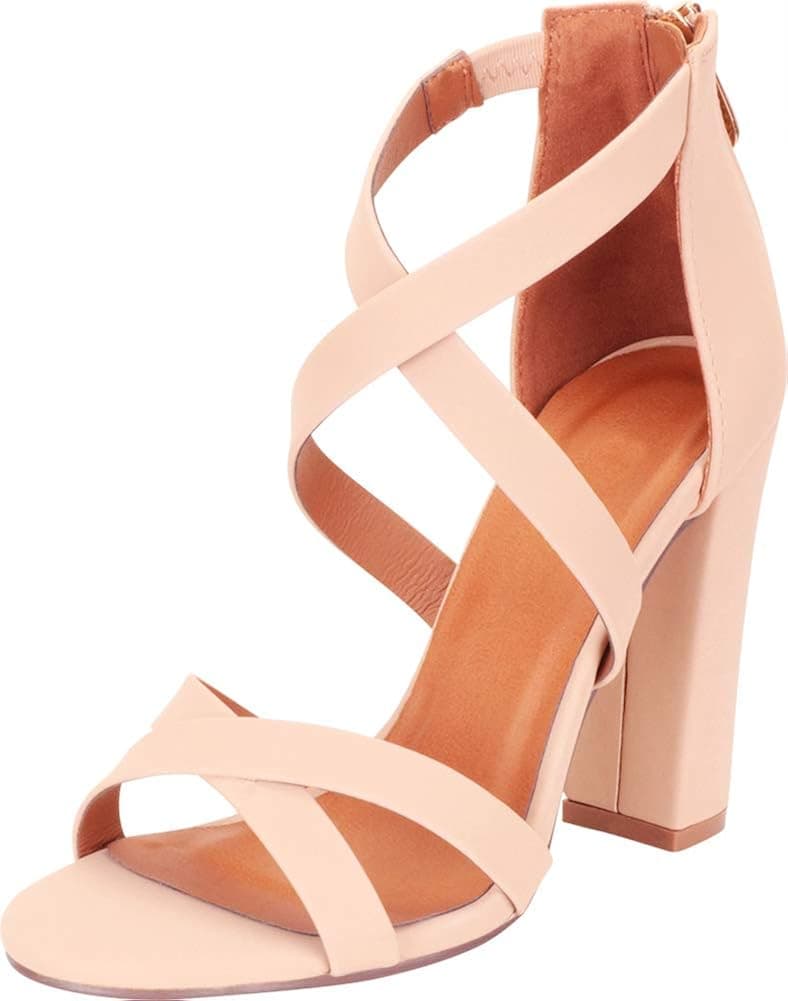 Cambridge Select Women's Crisscross Strappy Chunky Block High Heel Sandal,6.5 B(M) US,Nude NBPU