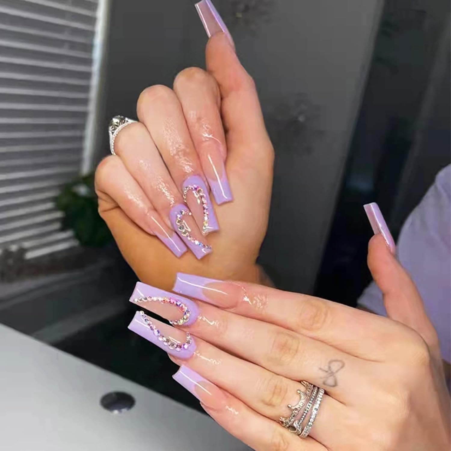 YOSOMK luxurious Long Press on Nails Gems Purple Coffin Fake Nails with Designs Glossy False Nails for Women Girls Stick on Nails with Glue on Acrylic Nail Tips