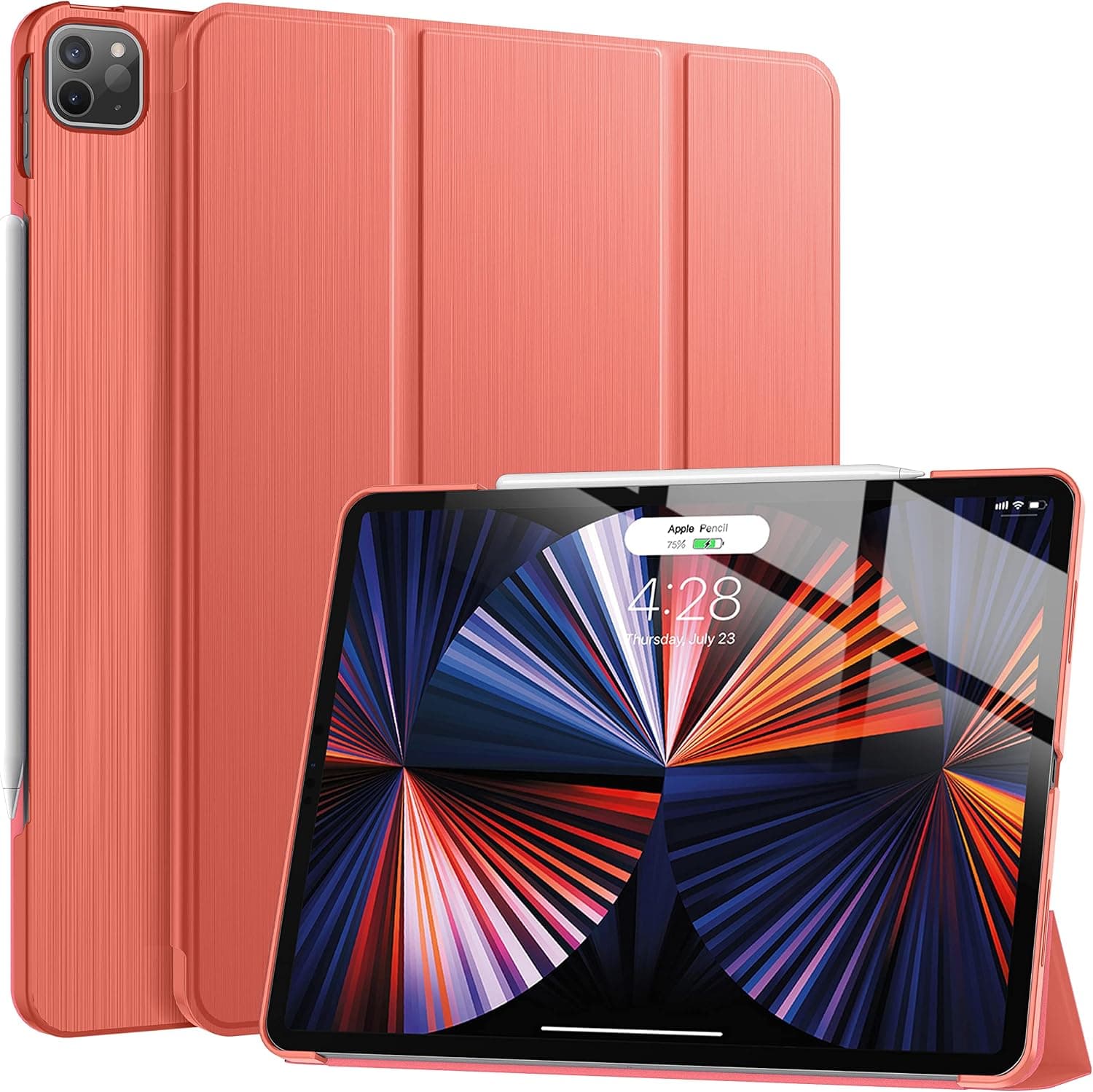 Soke New iPad Pro 12.9 Case 2022 2021(6th 5th Generation) - [Slim Trifold Stand + 2nd Gen Apple Pencil Charging + Auto Wake/Sleep],Protective Hard PC Back Cover for iPad Pro 12.9 inch(Coral Red)