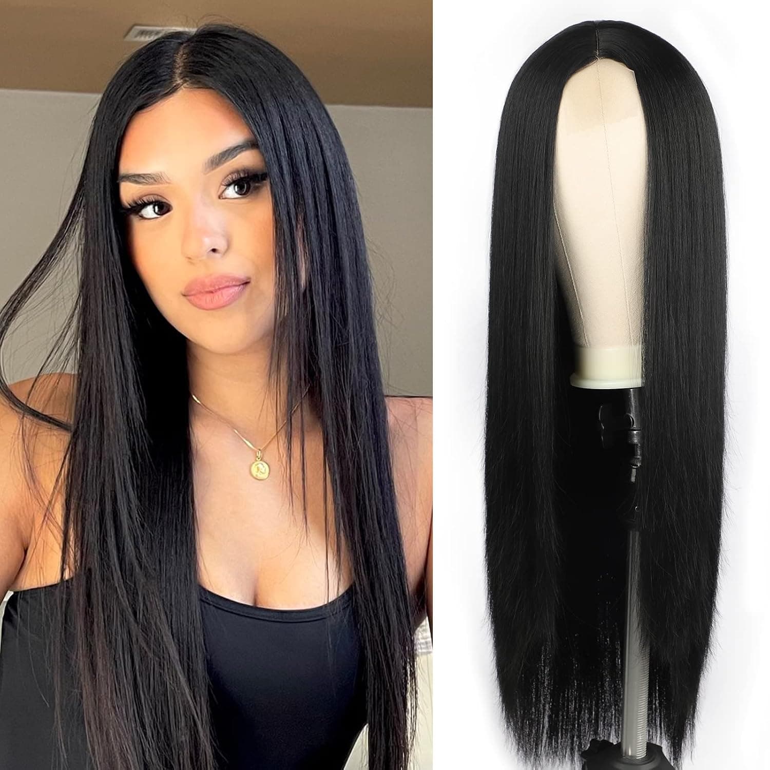 HMD Long Black Wigs for Women Middle Part Long Straight Wig Synthetic Natural Full Wig Heat Resistant Fiber Wig for Daily Party(Black, 30 Inch)