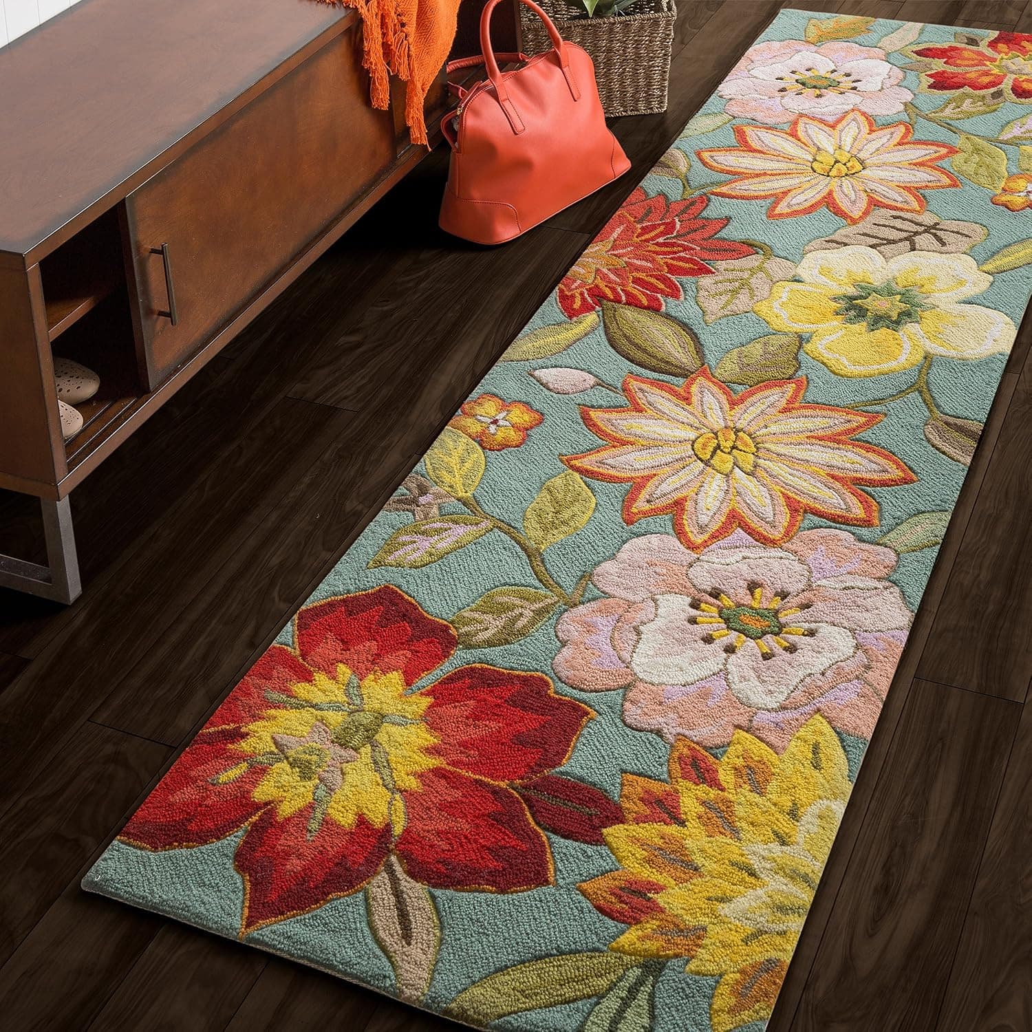 2'3 x 8' Hand Hooked Tropical Floral Paradise Patterned Area Rug, Featuring Bold Vibrant Flowers Themed, Runner Indoor Bedroom Living Area Bedroom Entryway Carpet, Nature Lovers Design, Aqua, Green