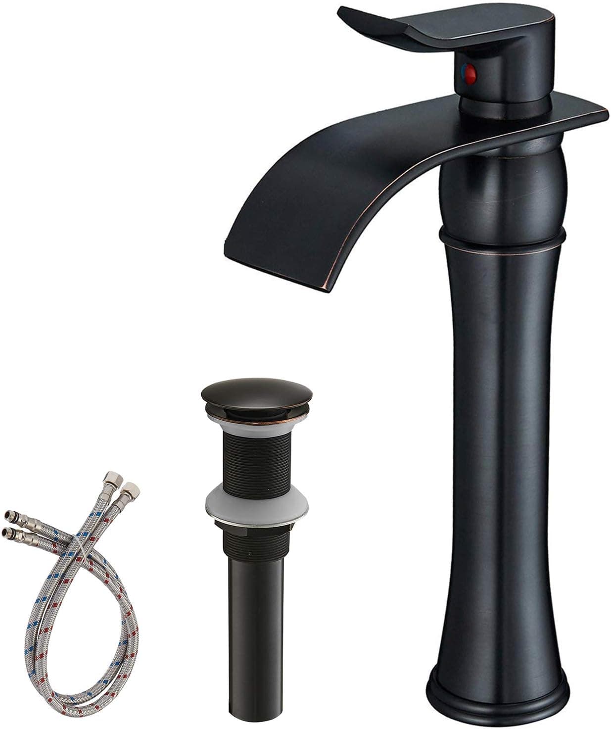 BWE Vessel Sink Faucet Oil Rubbed Bronze Waterfall Bathroom Faucet Single Hole with Pop Up Drain Without Overflow and Supply Line Basin Bath Sink Faucet Antique Vanity Single Handle Mixer Tap