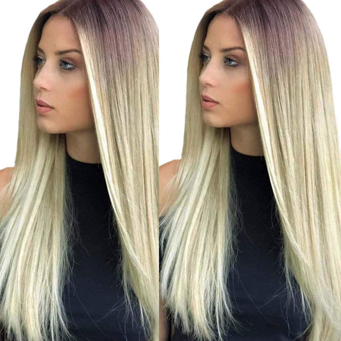 Nuyoah Ombre Blonde Long Straight Headband Wigs Glueless None Lace Front Wigs Synthetic Silky Straight Hair Wigs Ombre Ash Blonde Natural Halloween Wig for Women