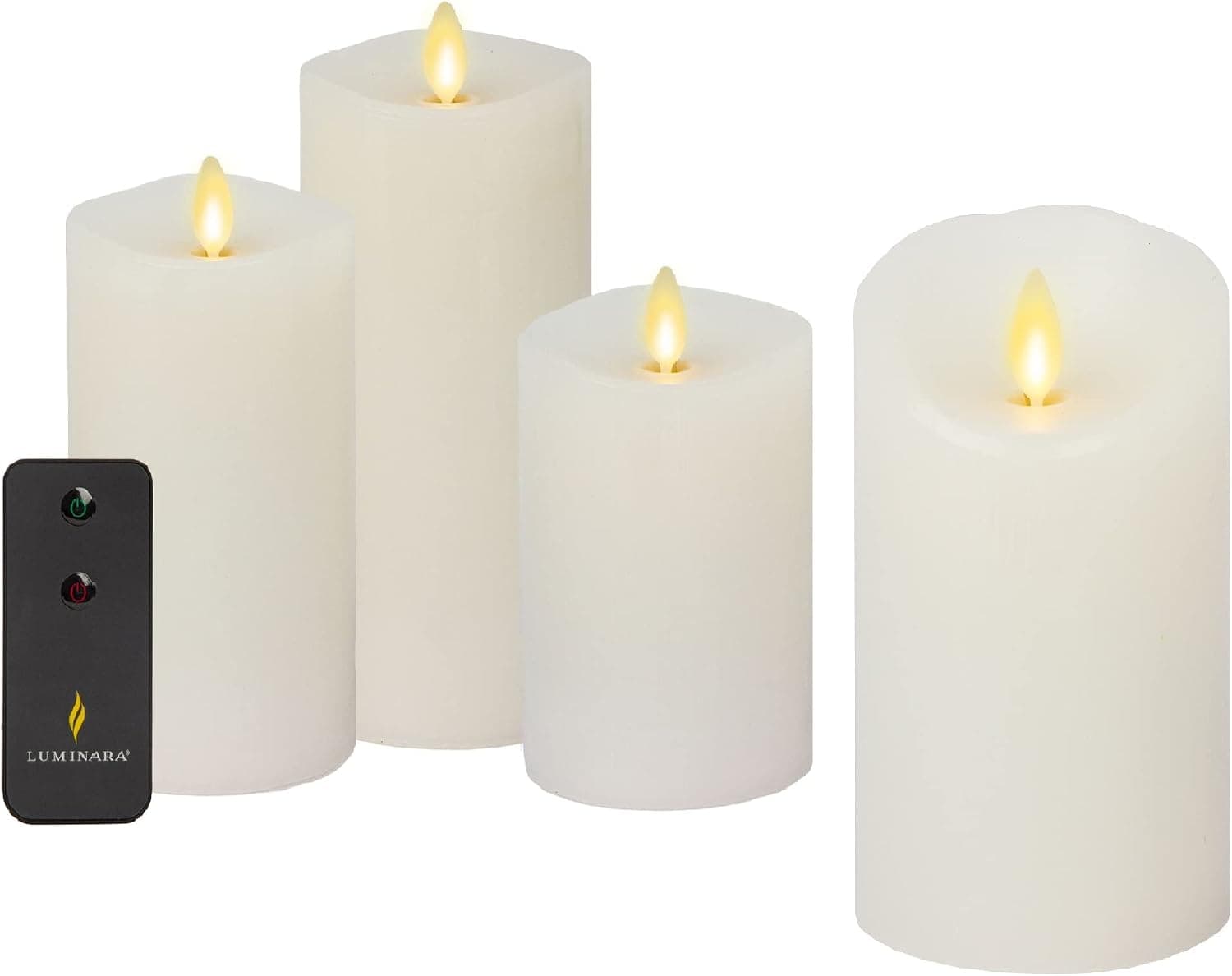 Luminara Bundle Set of 3 White Moving Flame Pillar with Remote and 4.5" Indoor White LED Pillar Flameless Candle
