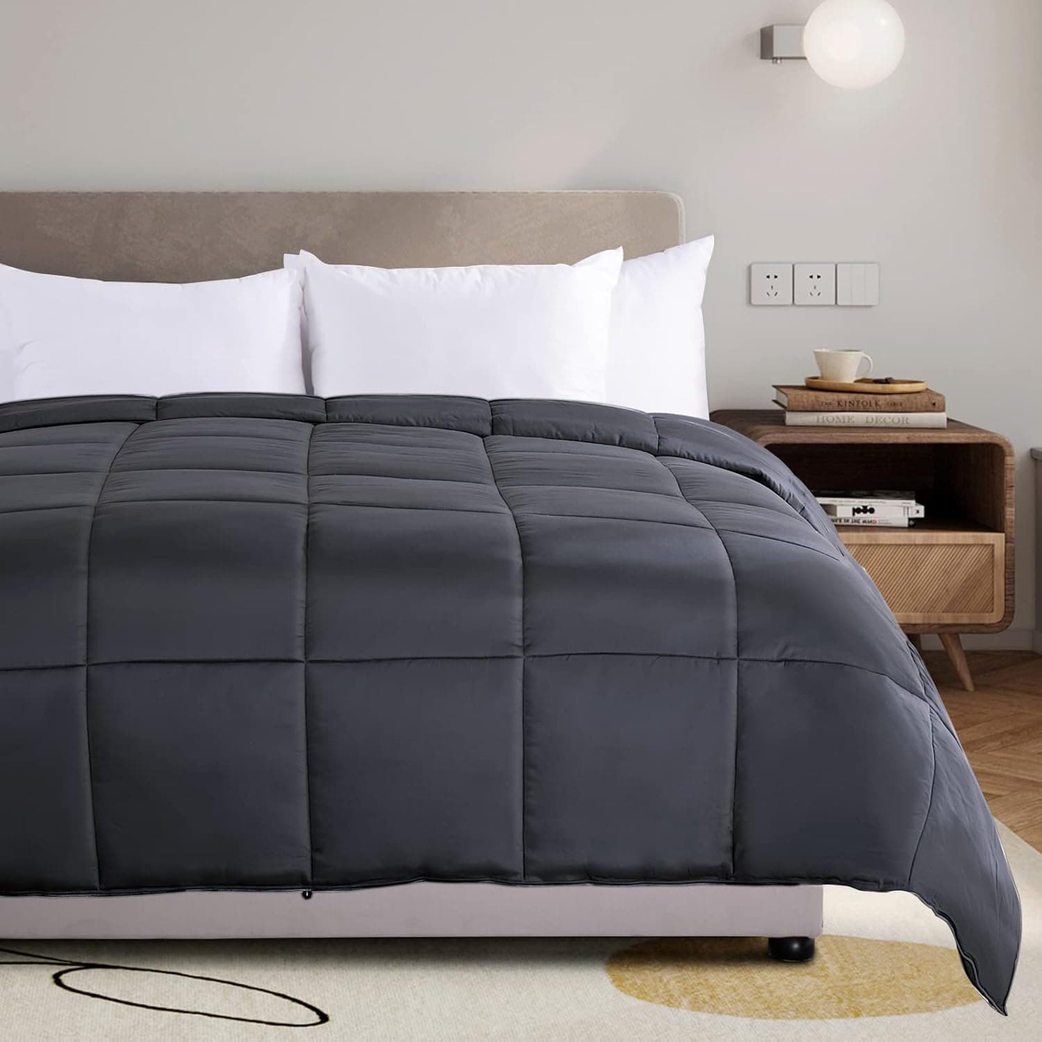 NEXHOME PRO 100% Organic Natural Bamboo Cooling Comforter,Dark Grey Twin Lightweight Down Alternative Cool Duvet Insert,Summer Bedding Duvet Quilt Cool for Hot Sleepers,8 Corner Tabs(65"x 90")