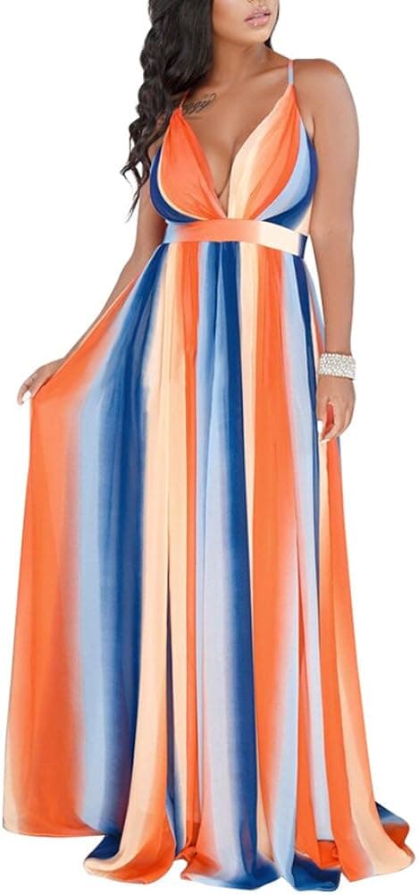 Remelon Womens Sexy Spaghetti Strap Deep V Neck Floral Boho Criss Cross Backless Chiffon Beach Party Long Maxi Dress