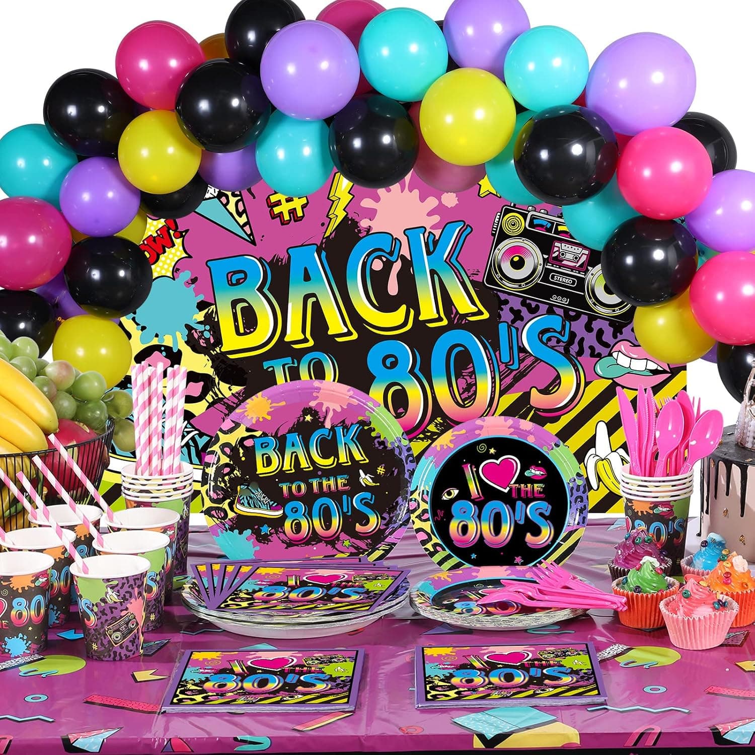176 Pieces 80's Party Supplies Retro 1980s Theme Decorations Back to The 80s Backdrop Banner Funky Table Cover Tableware Balloons Sets for Hip Pop Birthday Party Bundle, Serves 16 Guests