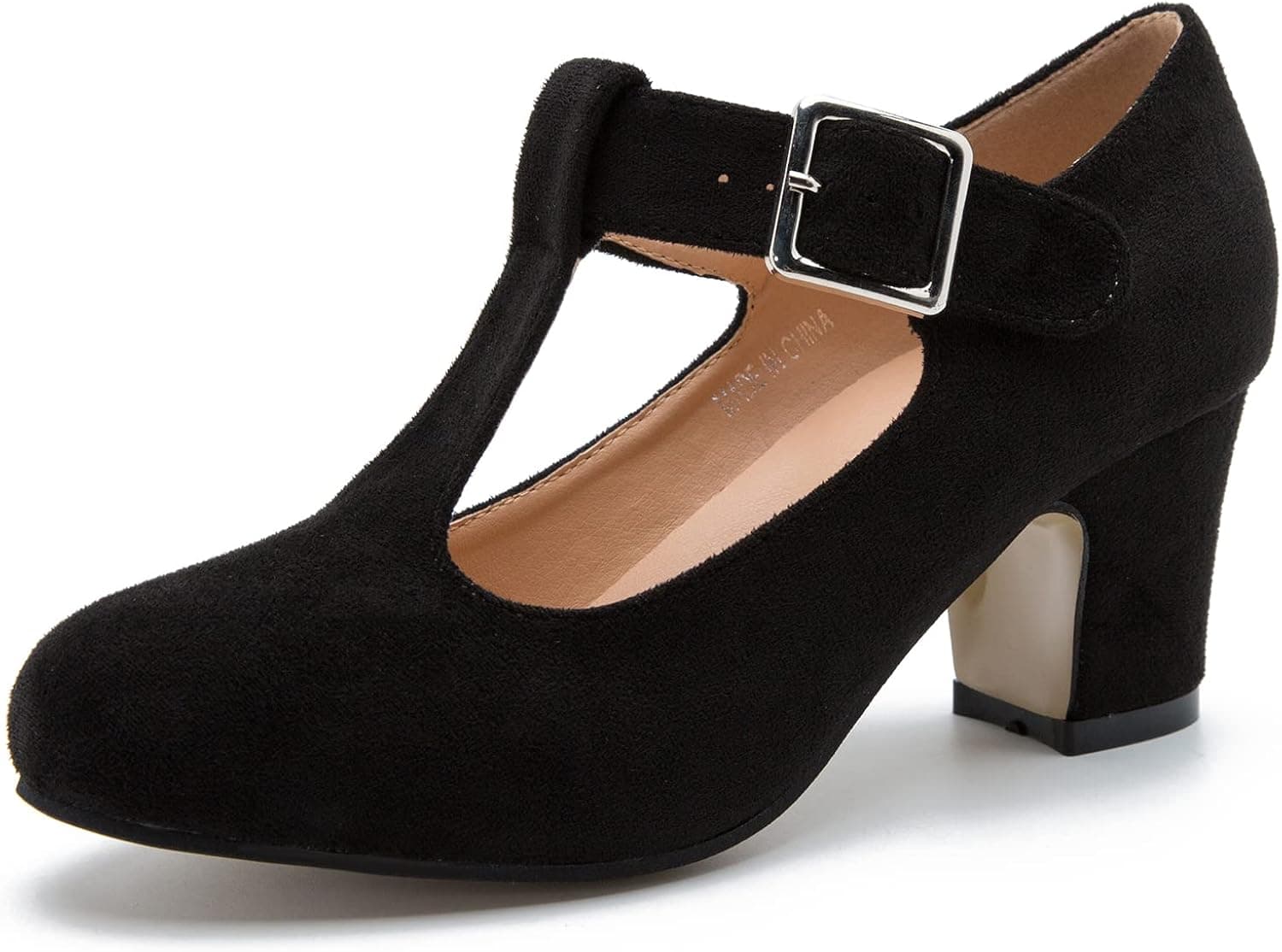 Women's T-Strap Mary Jane Pumps Low Block Chunky Heels Closed Round Toe Dress Wedding Shoes Black Suede 40-8.5US