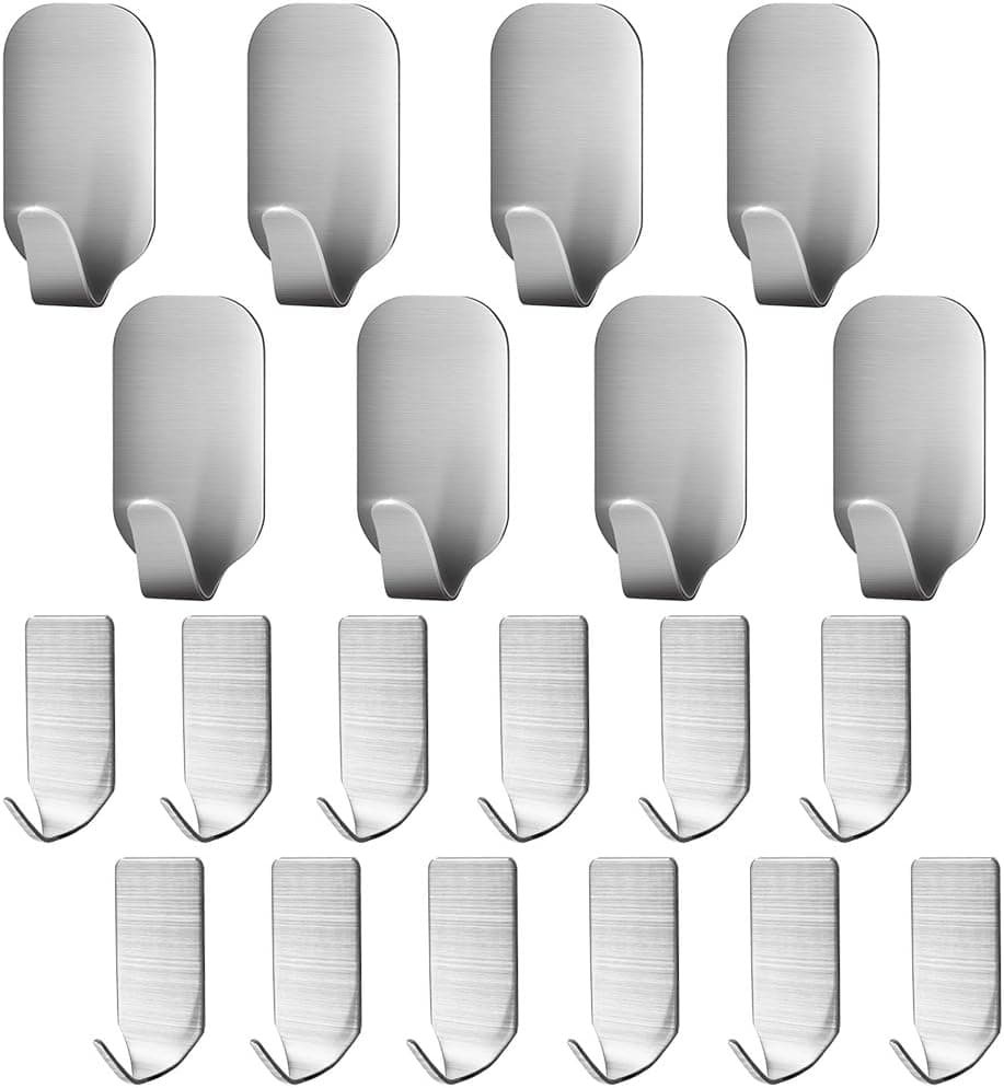 20 Pieces Self Adhesive Stainless Steel Wall Hooks, FineGood Metal Utility Hanging Hooks for Robe, Coat, Towel, Keys, Bags, Home, Kitchen, Bathroom, Heavy Duty Ultra Strong - 8 Large,12 Small