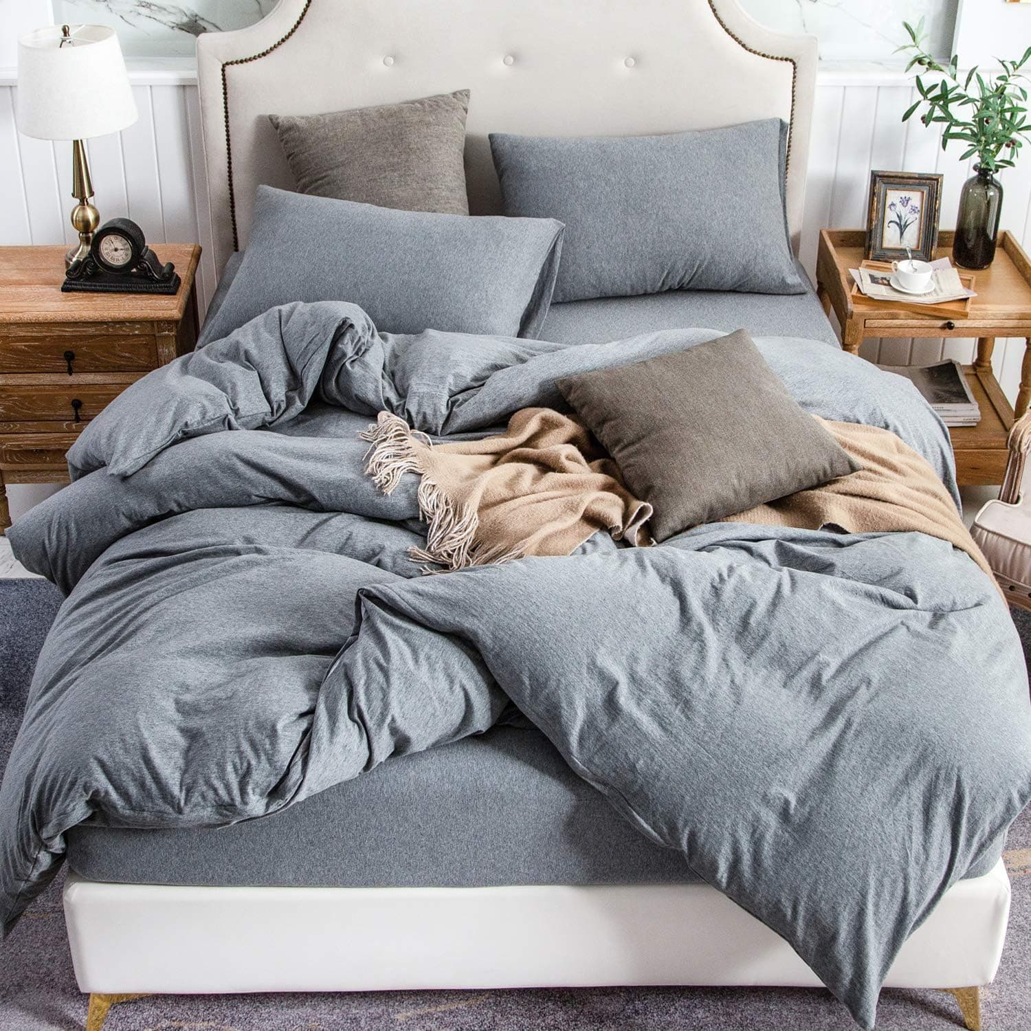 PURE ERA Jersey Knit Duvet Cover Set 100% T-Shirt Cotton Super Soft Comfy 3pc Bedding Set with Zipper Closure (Heather Blueish Grey, King)