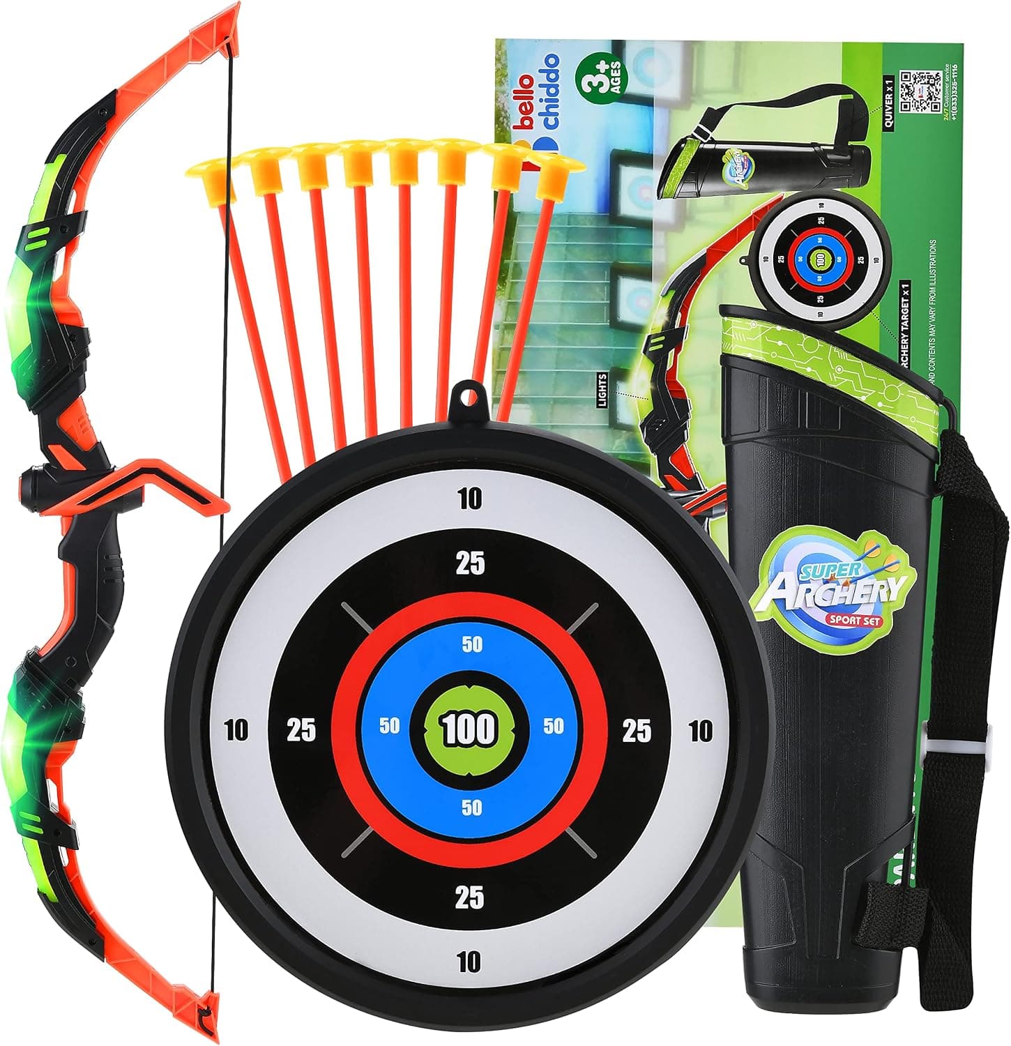 BELLOCHIDDO Bow and Arrow for Kids 4-6 - Kids Archery Set with LED Lights, Includes 8 Suction Cup Arrows, Target & Quiver, Indoor & Outdoor Toys for 3 4 5 6 7 8 9 10 11 12 Year Old Boys