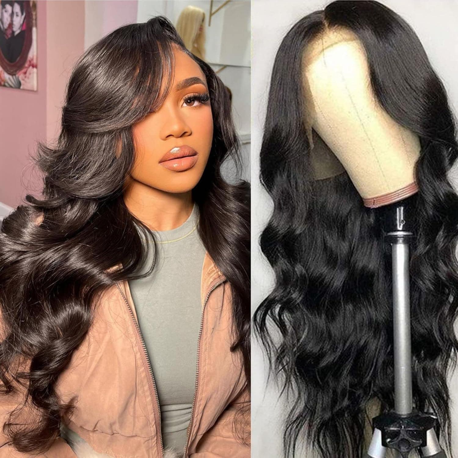 26Inch Lace Front Wigs Human Hair Pre Plucked Bleached Knots with Baby Hair Glueless 13x4 180% Density Brazilian Virgin Lace Frontal Human Hair Wigs for Black Women Real Natural Black Body Wave Wigs
