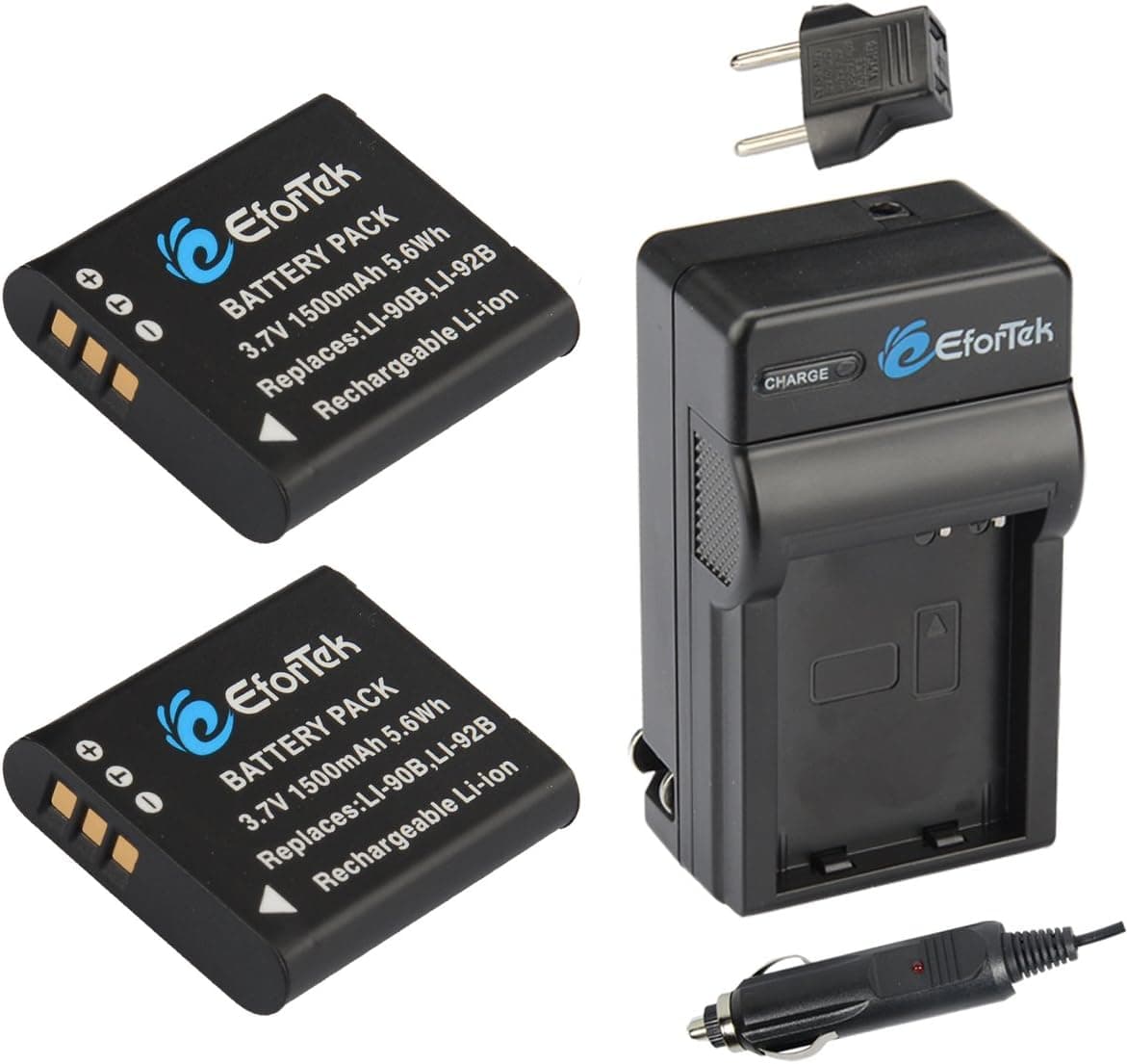 EforTek Li-90B Replacement Battery (2-Pack) and Charger Kit for Olympus LI-90B, LI-92B and Olympus SH-1, SH-50 iHS, SH-60, SP-100, SP-100EE, Tough TG-1 iHS, Tough TG-2 iHS, Tough TG-3, Tough TG-4,XZ-2 iHS,Stylus SH-2,TG-Tracker