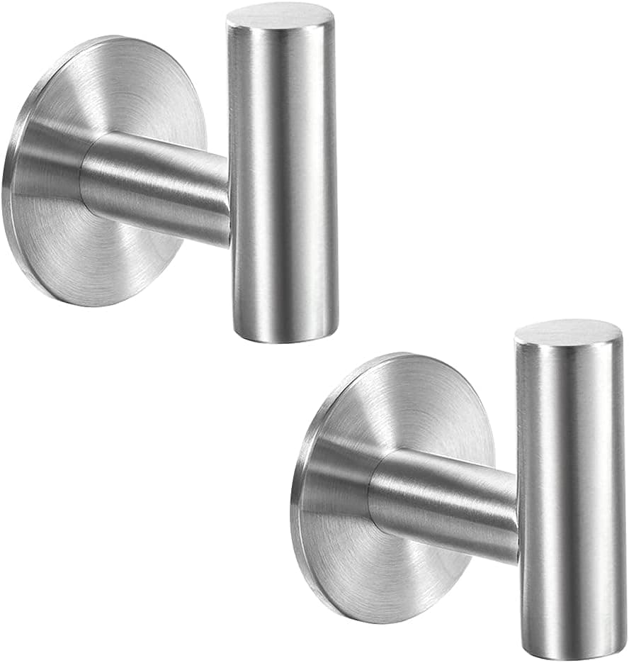 Vuzvuv Adhesive Hooks Brushed Nickel SUS304 Stainless Steel Towel Hooks Heavy Duty Waterproof Wall Hooks Self Adhesive Coat Robe Towel Hooks for Bathrooms Kitchen Hotel Wall Mounted Hooks - 2 Pack