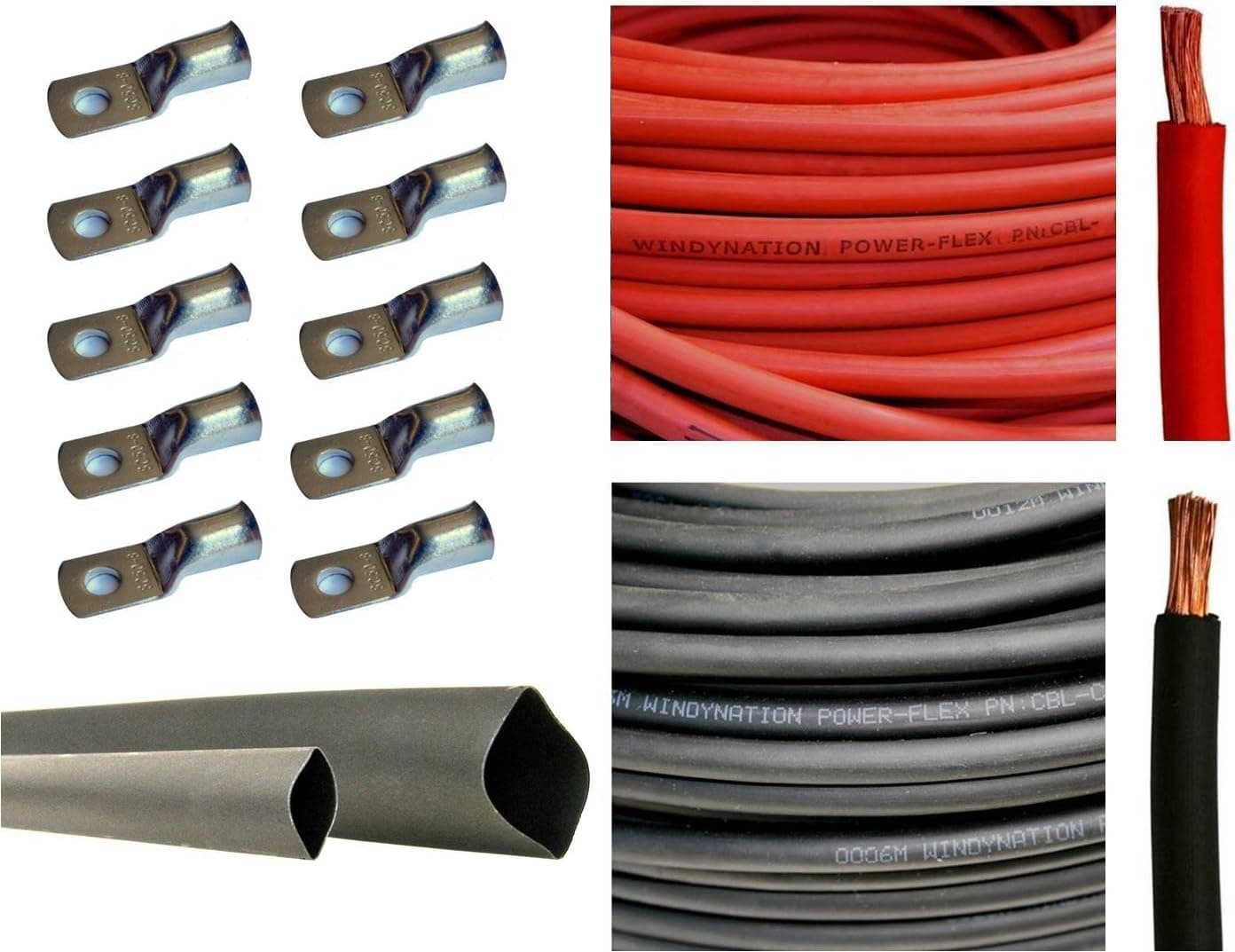 4 Gauge 4 AWG 25 Feet Red + 25 Feet Black Welding Battery Pure Copper Flexible Cable + 10pcs of 3/8" Tinned Copper Cable Lug Terminal Connectors + 3 Feet Black Heat Shrink Tubing