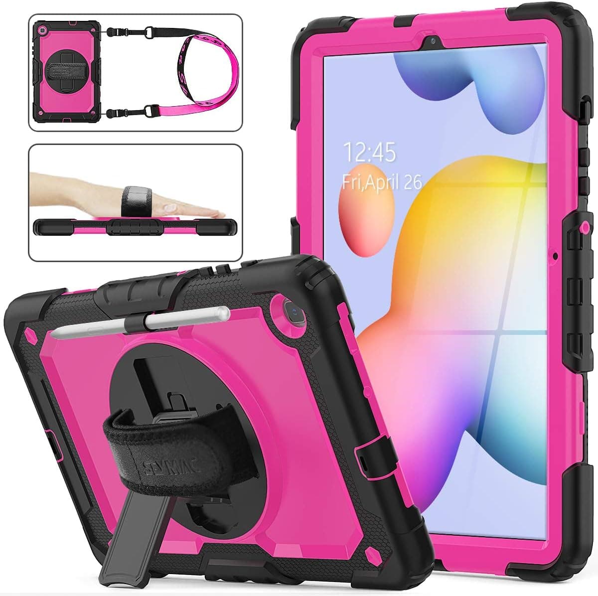 SEYMAC stock Case for Samsung Galaxy Tab S6 Lite Case 10.4” with Screen Protector [360 Rotating Hand Strap/Stand], Drop-Proof Case for Tab S6 Lite 2022/2020 SM-P610/P613/P615/P619 (Rose+Black)