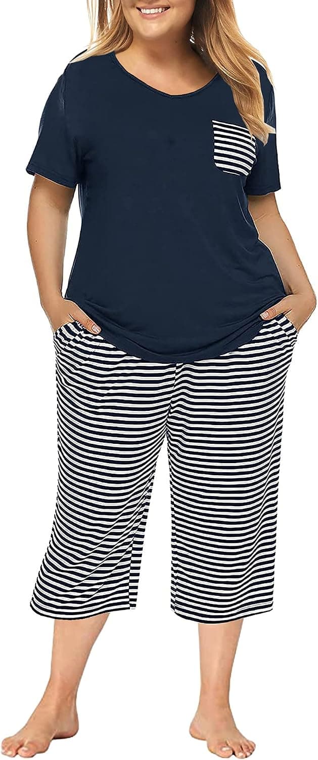 Tongmingyun Plus Size Pajamas Capris Pants Set Striped for Women Sleep Shirts Loungewear Sleepwear 3X 4X 5X