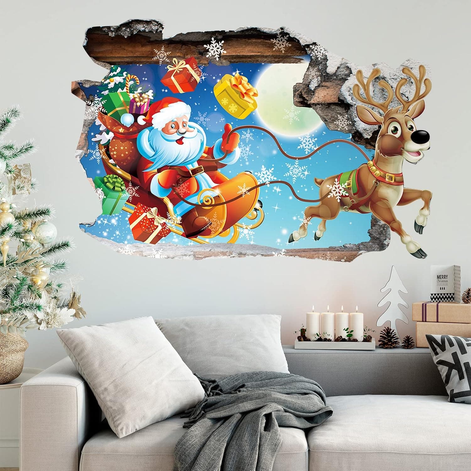 3D Christmas Wall Decals Santa Claus Wall Stickers Christmas DIY Break Through The Wall Vinyl Stickers Santa Claus Carrying Present Wall Mural Decals Removable Home Decor for Kids Room Living Room