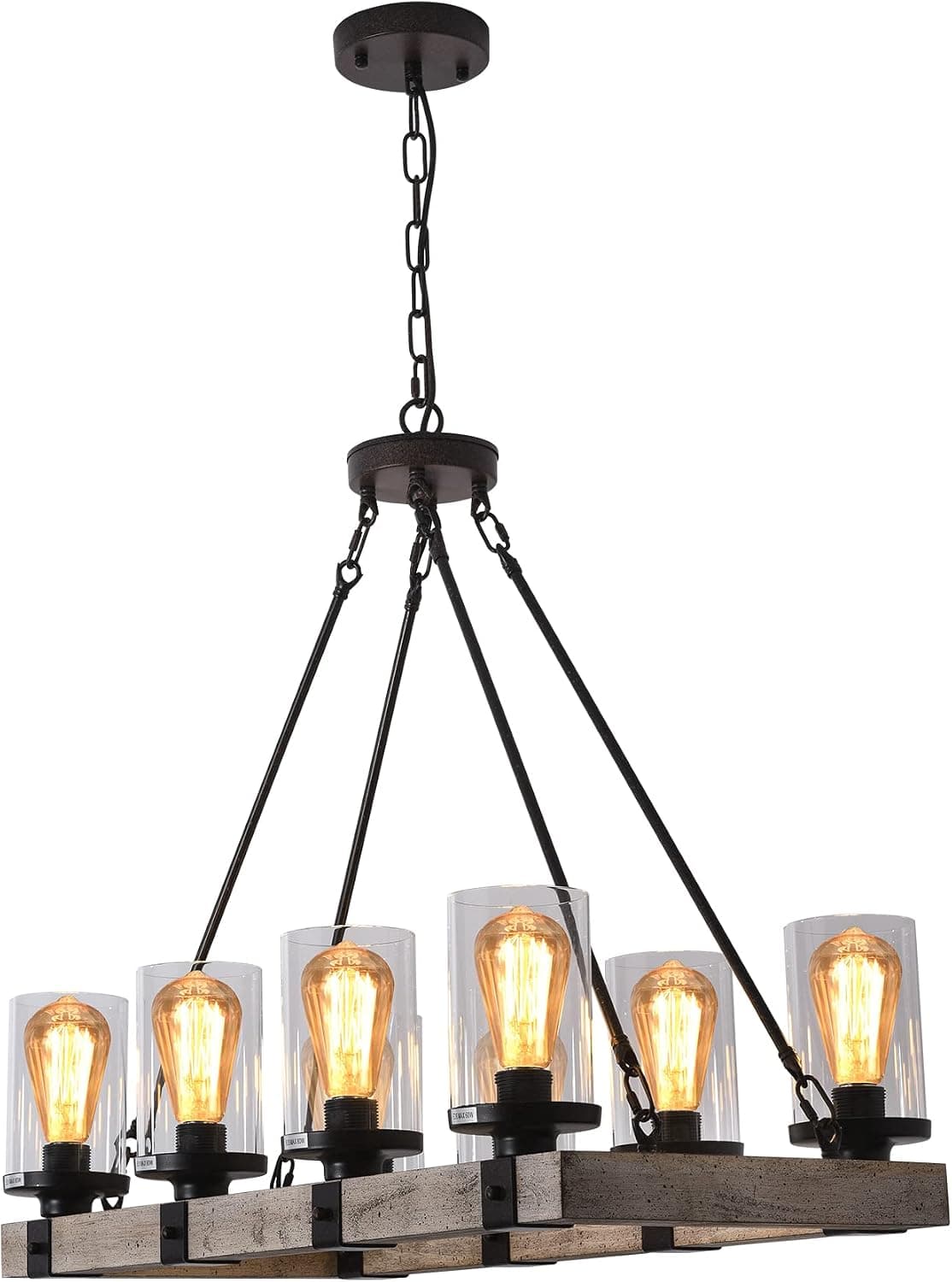 MINGHUI 8-Lights Farmhouse Wooden Chandelier, 29.5" Vintage Rectangle Kitchen Lighting with Seeded Glass Shade, for Kitchen, Hallway, Living Room, Restaurant, Dining Room, Grey (Bulb Not Included)