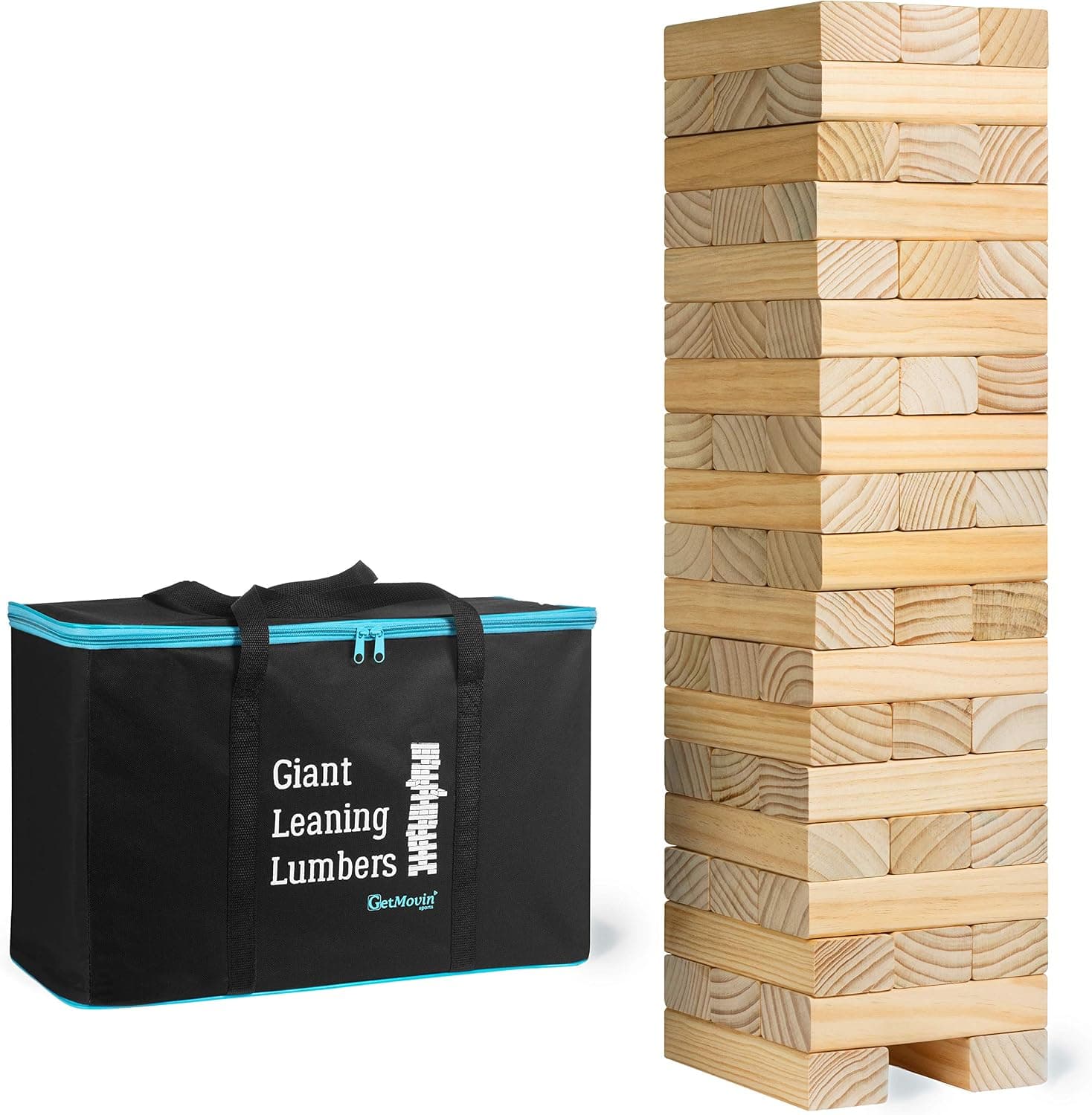 GETMOVIN SPORTS, LLC Giant Leaning Lumbers Perfect Indoor/Outdoor Group Play Classic Tower Game for The Beach, Lawn, and Camping with 56 Hand Crafted Pine Blocks Jumbo Size Stack Up to 5 feet High